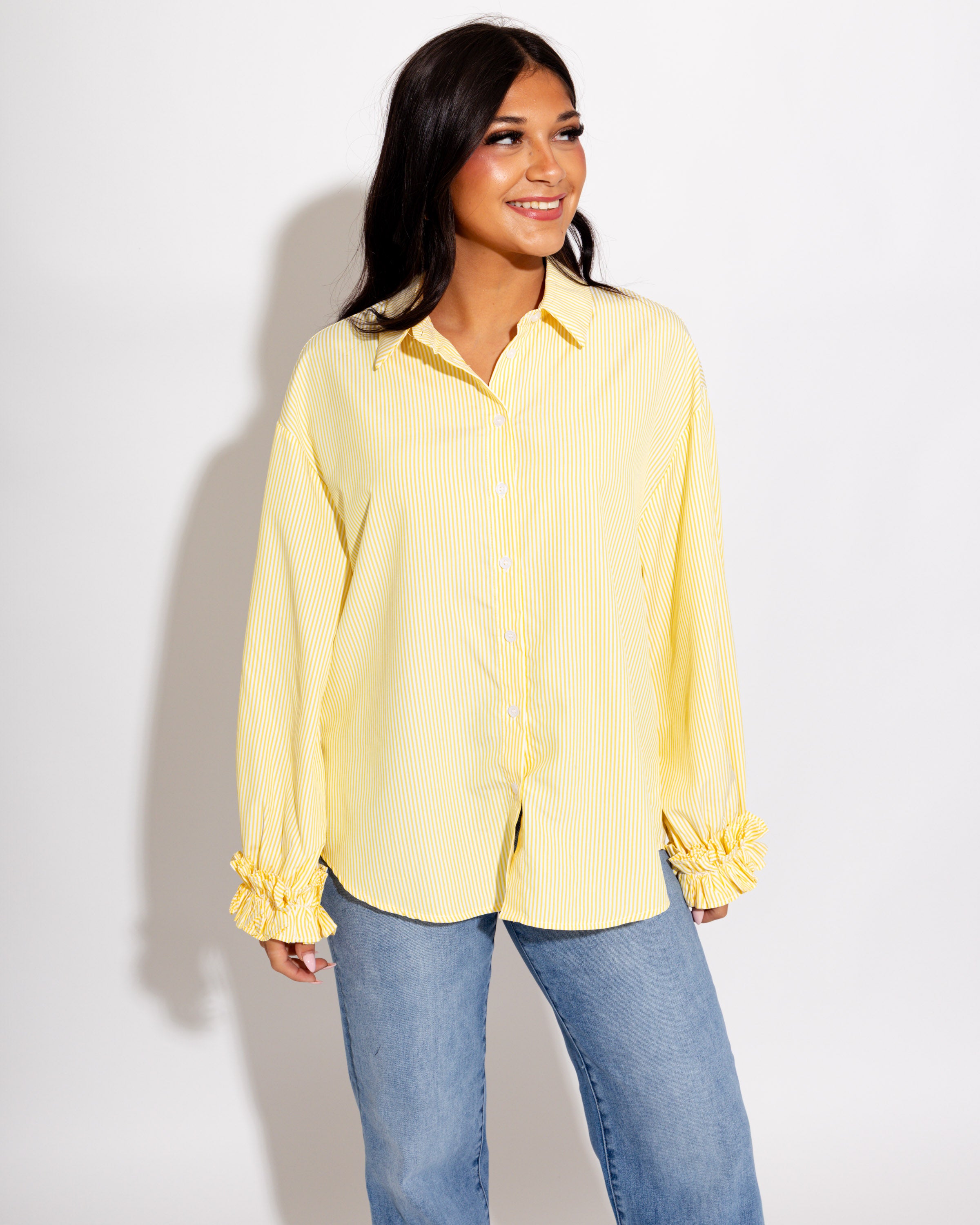 Ruffle Cuff Striped Top in Yellow