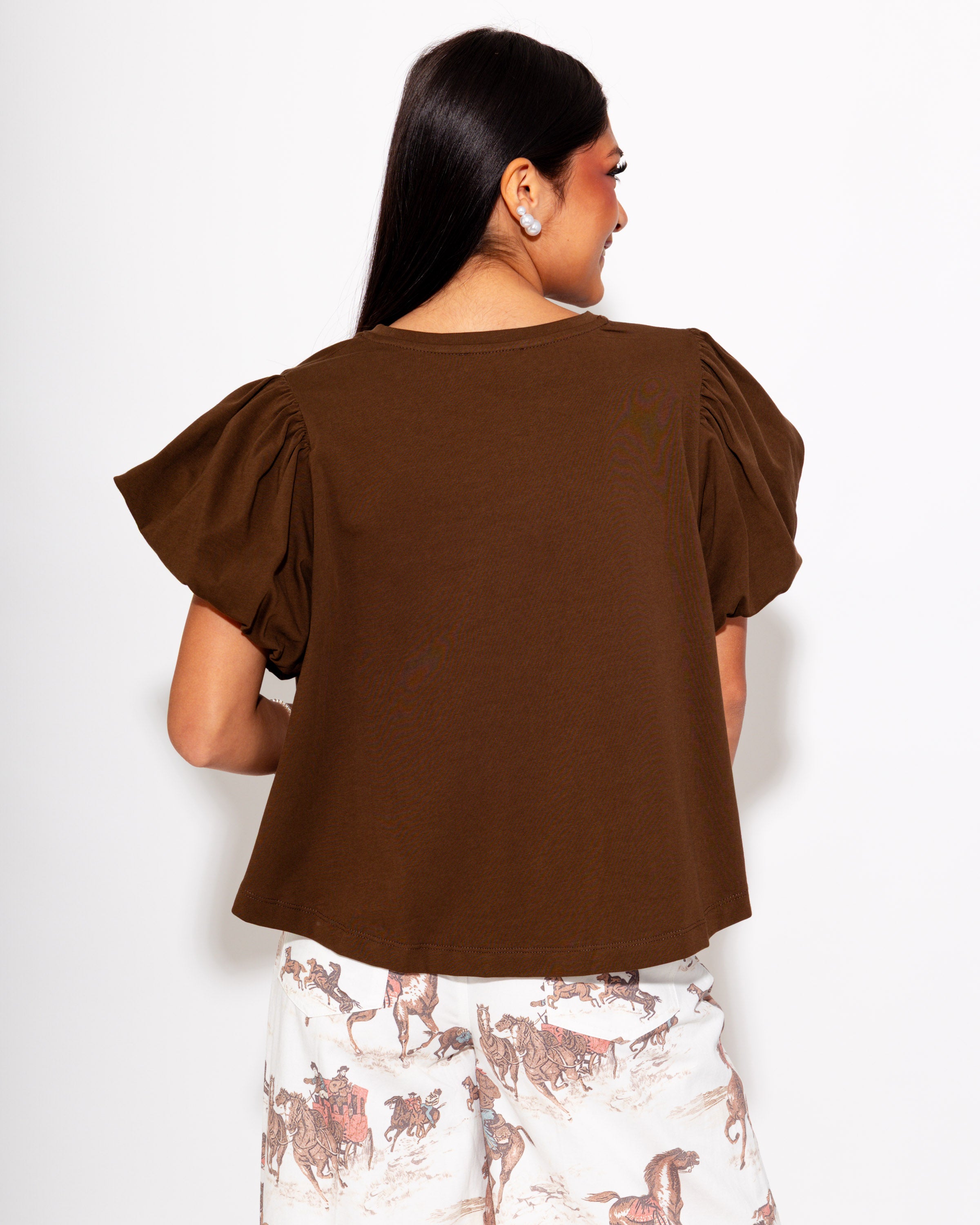 Cropped Puff Sleeve Top in Brown