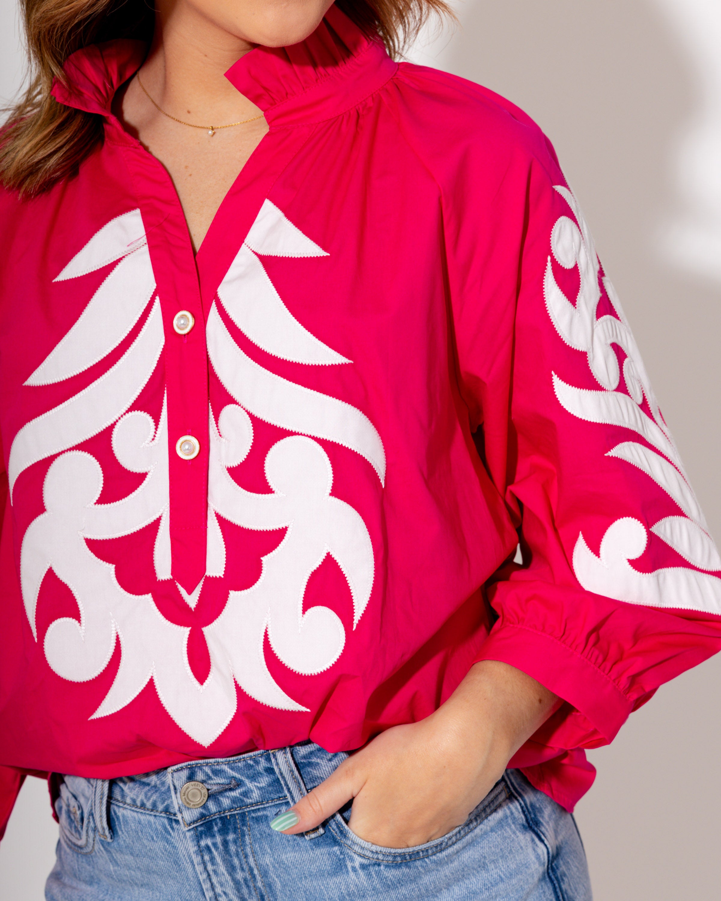 Ruffle Neck Appliqué Top in Pink