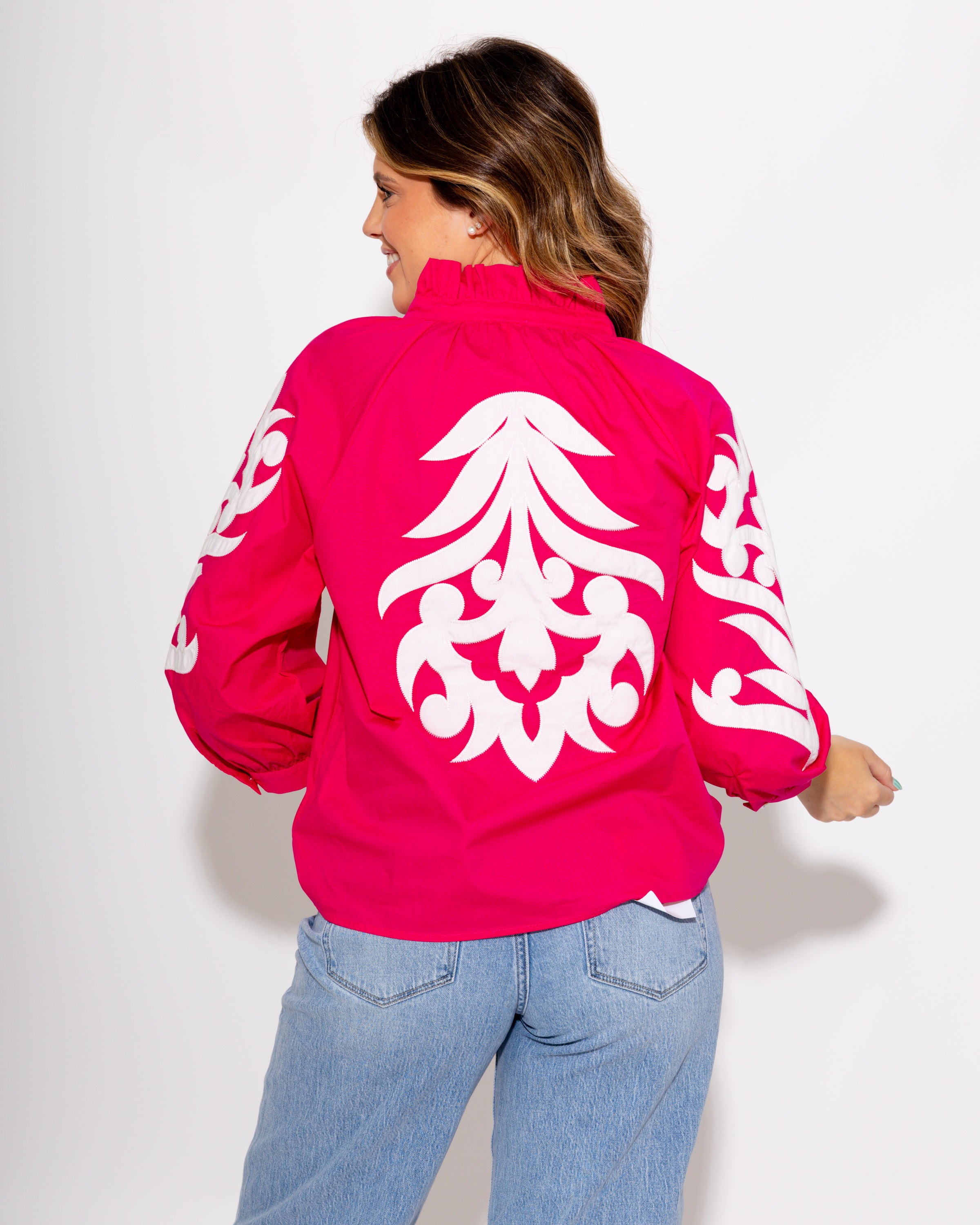 Ruffle Neck Appliqué Top in Pink