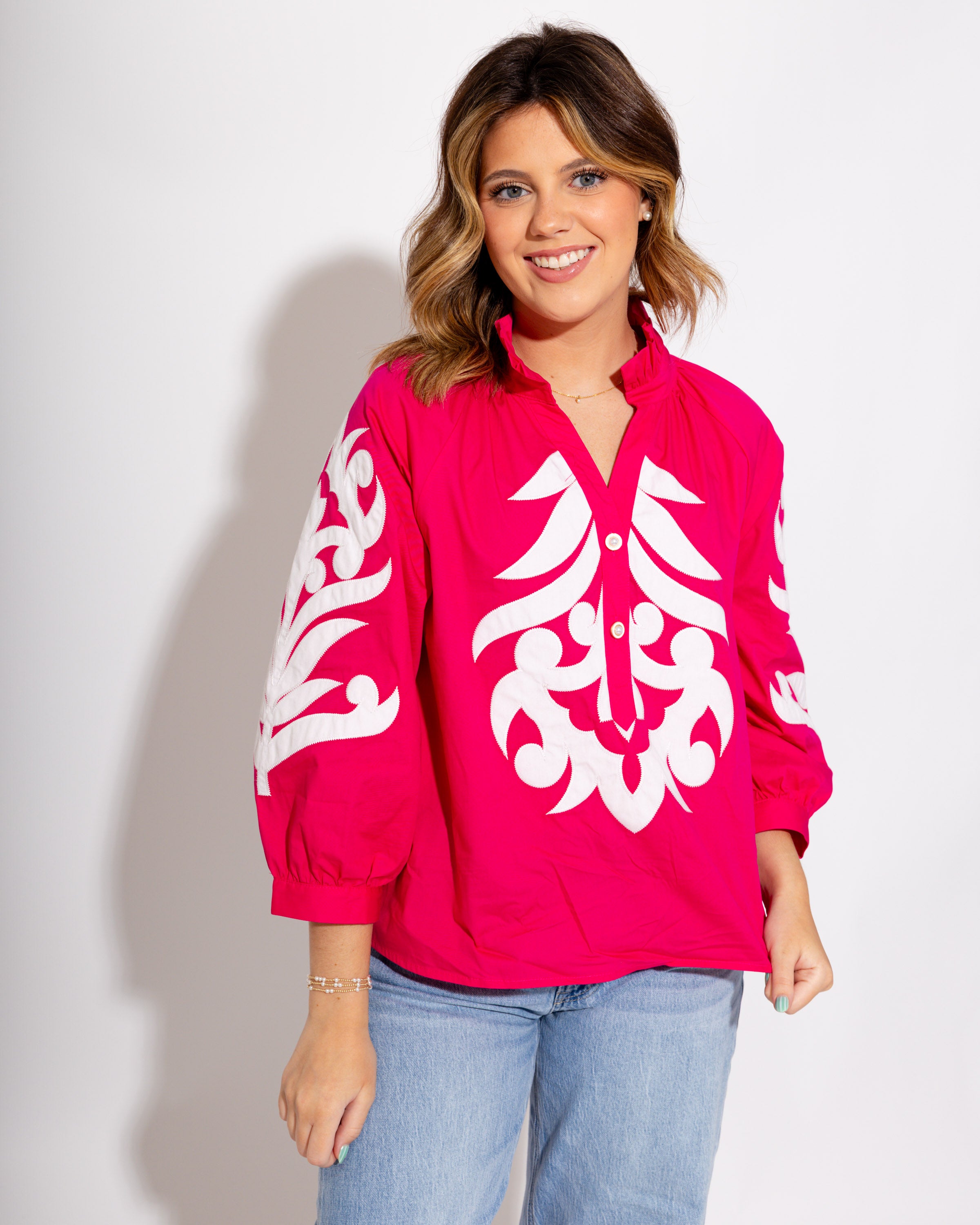 Ruffle Neck Appliqué Top in Pink