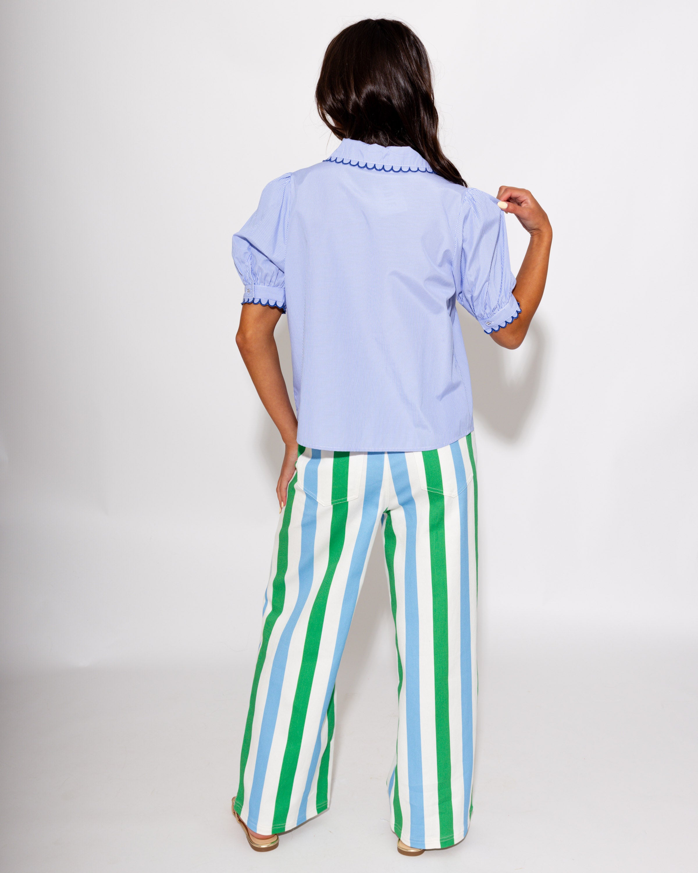 Stripe Scallop Detail Button Up Top