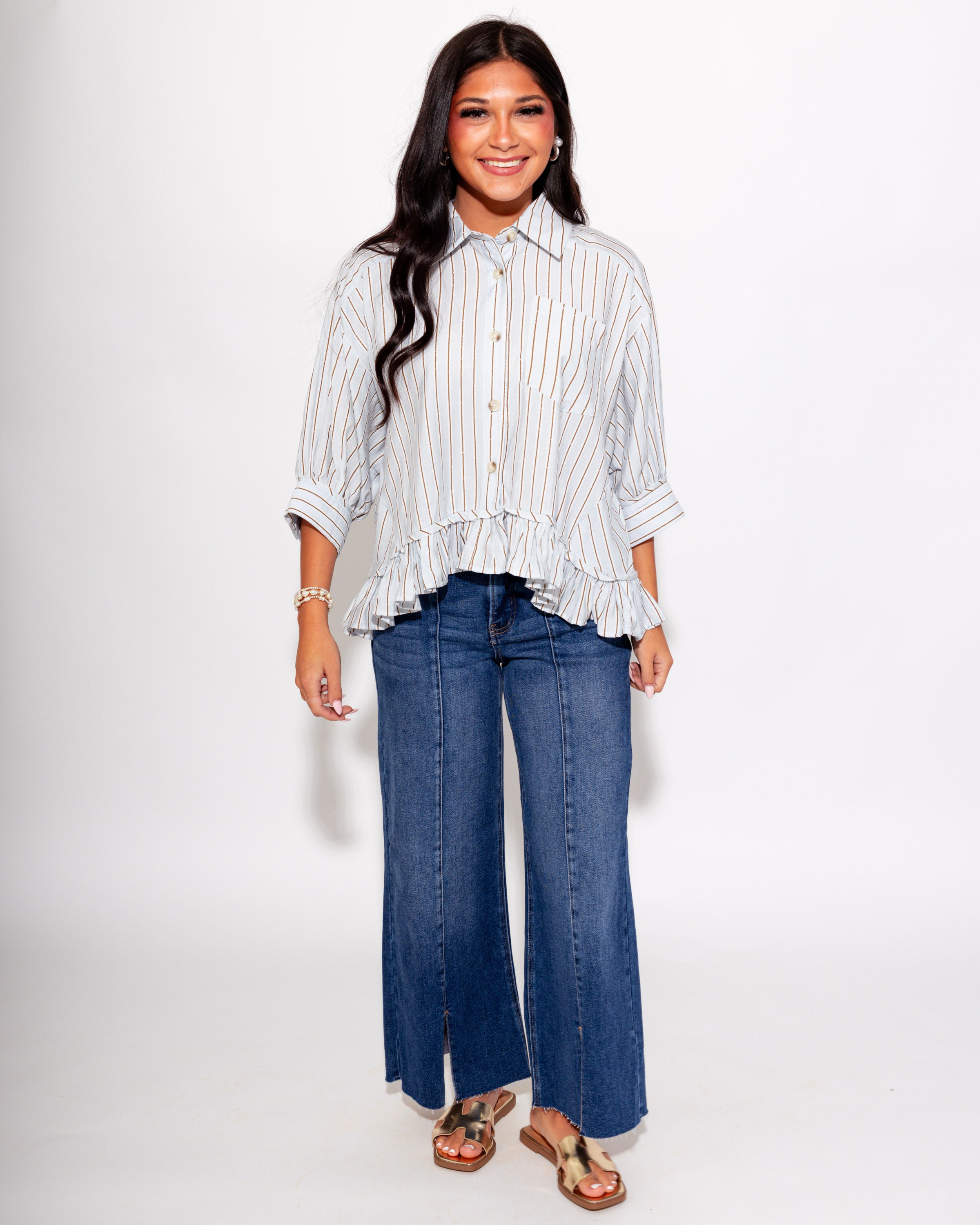 Playful Stripe Ruffle Hem Top in Blue