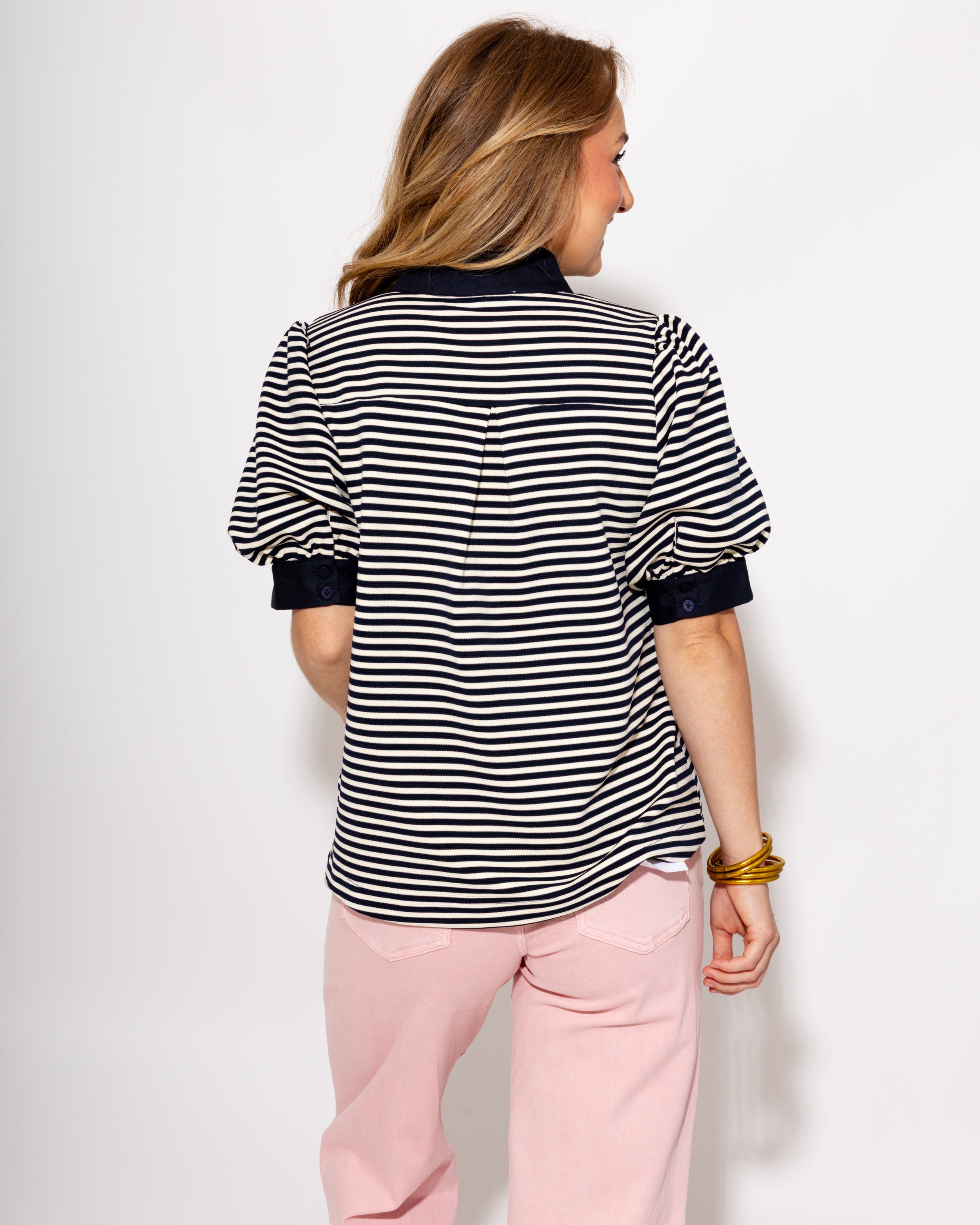 Stripe Contrast Puff Sleeve Top in Navy