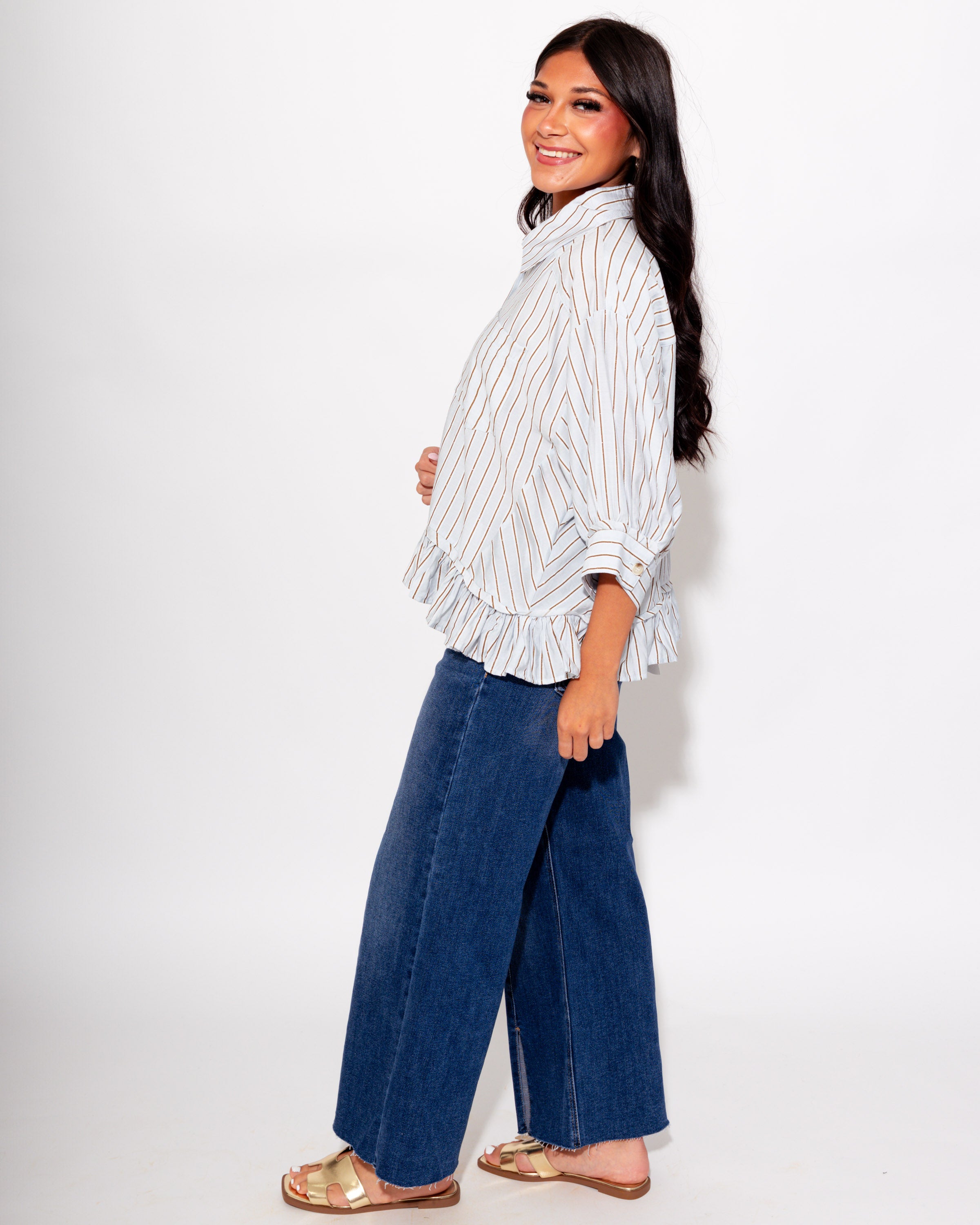 Playful Stripe Ruffle Hem Top in Blue