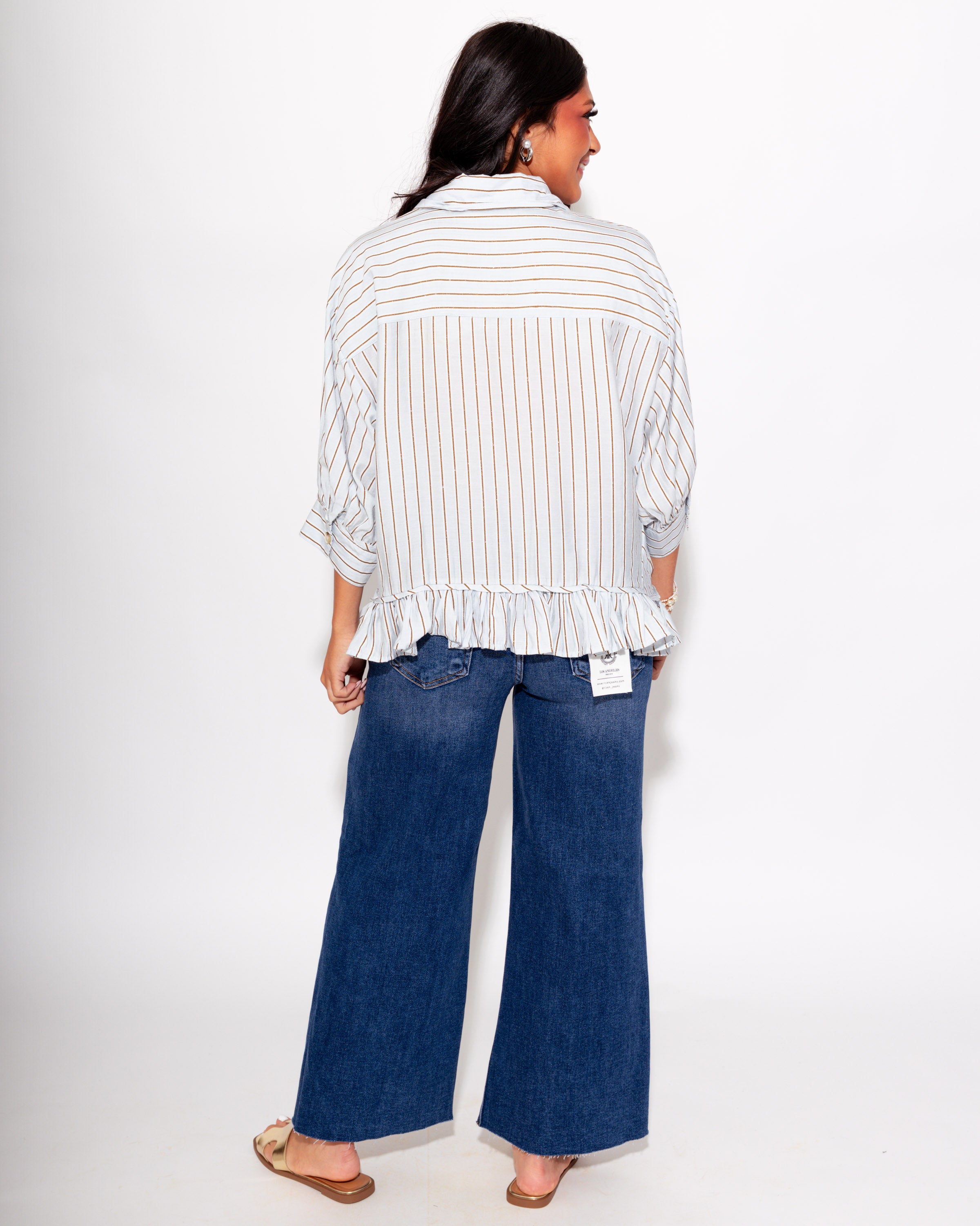 Playful Stripe Ruffle Hem Top in Blue