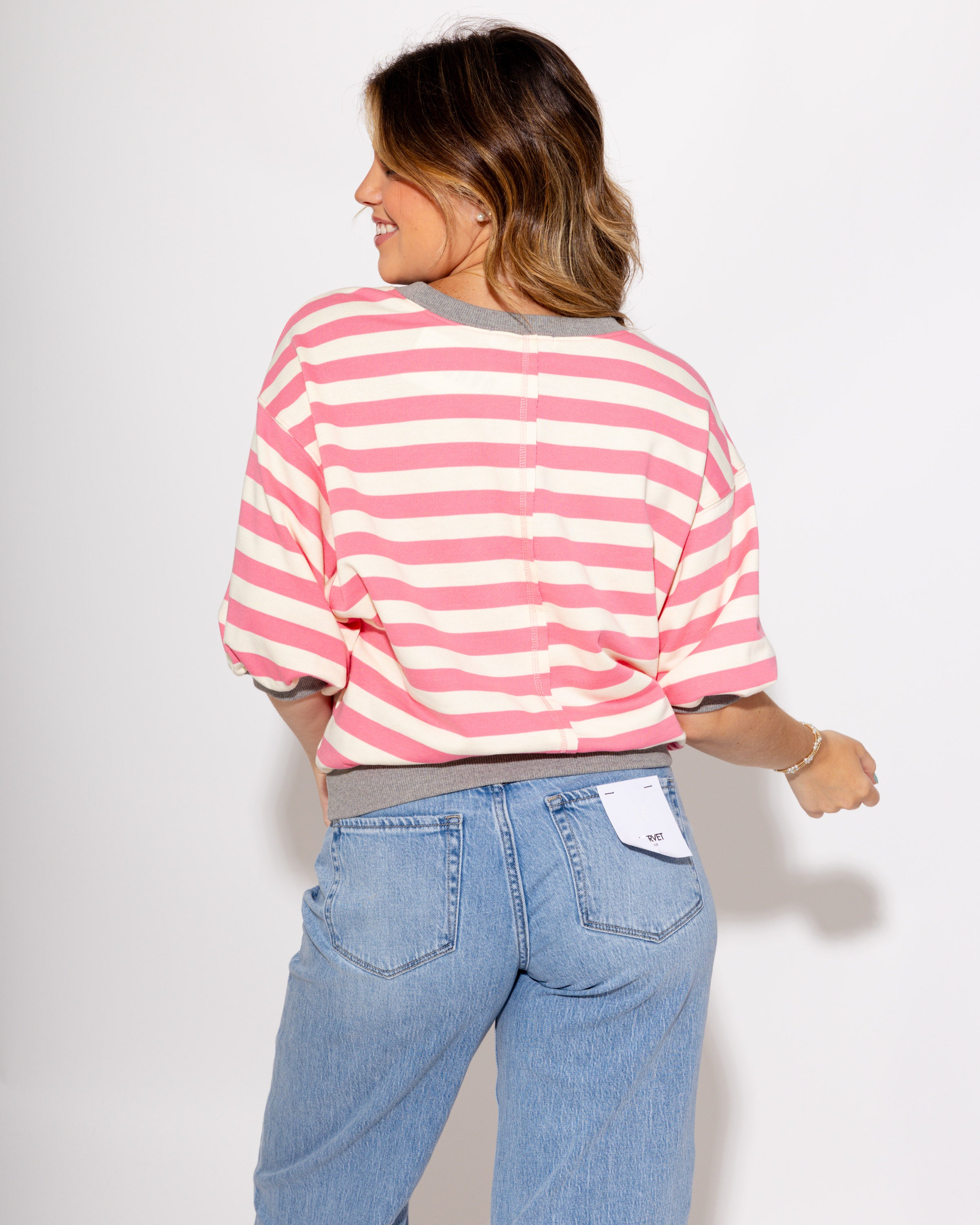 Striped Bubble Sleeve Top in Pink