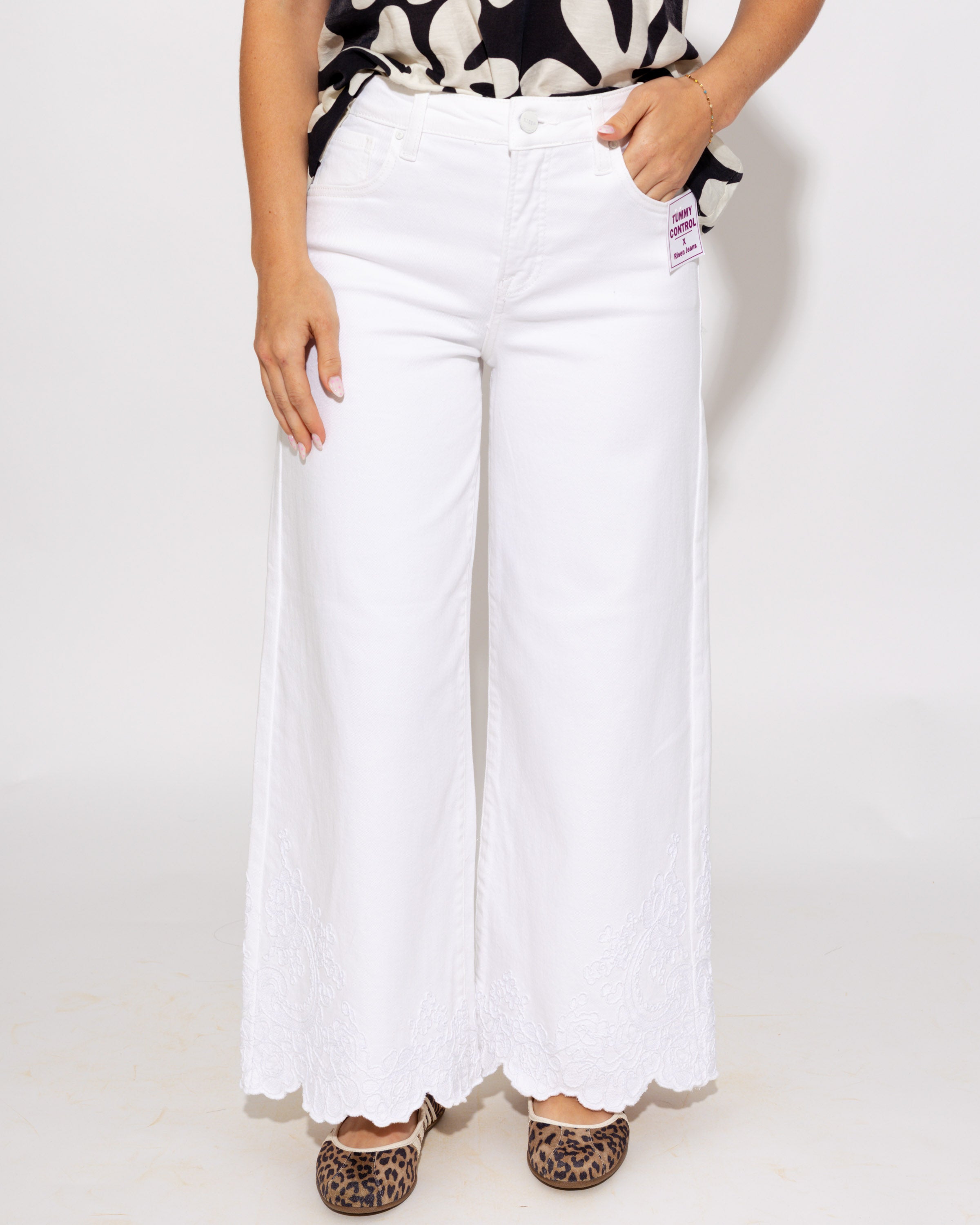 Tummy Control Crop Wide Embroidered Hem Jeans