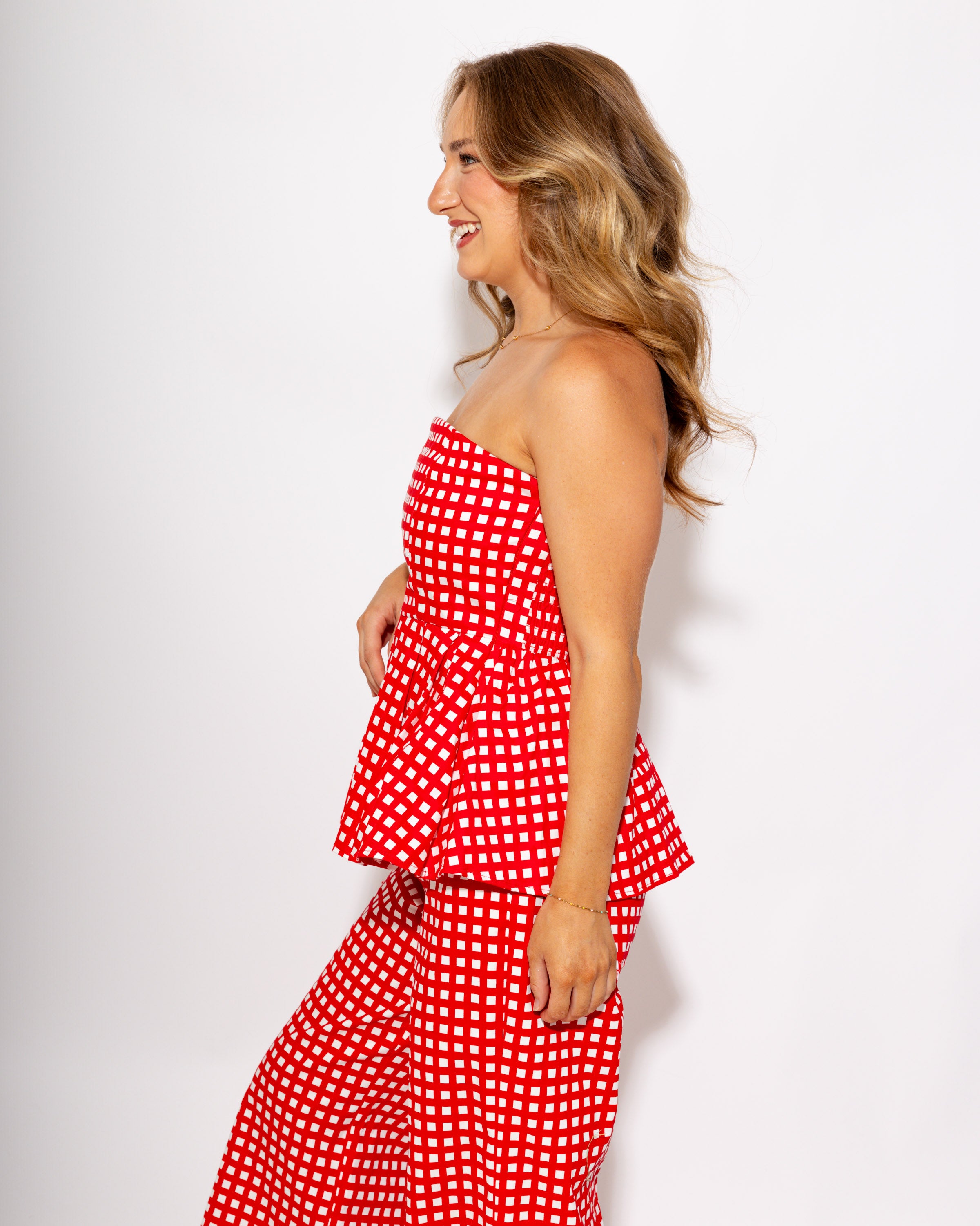 Strapless Checkered Peplum Top & Pant Set