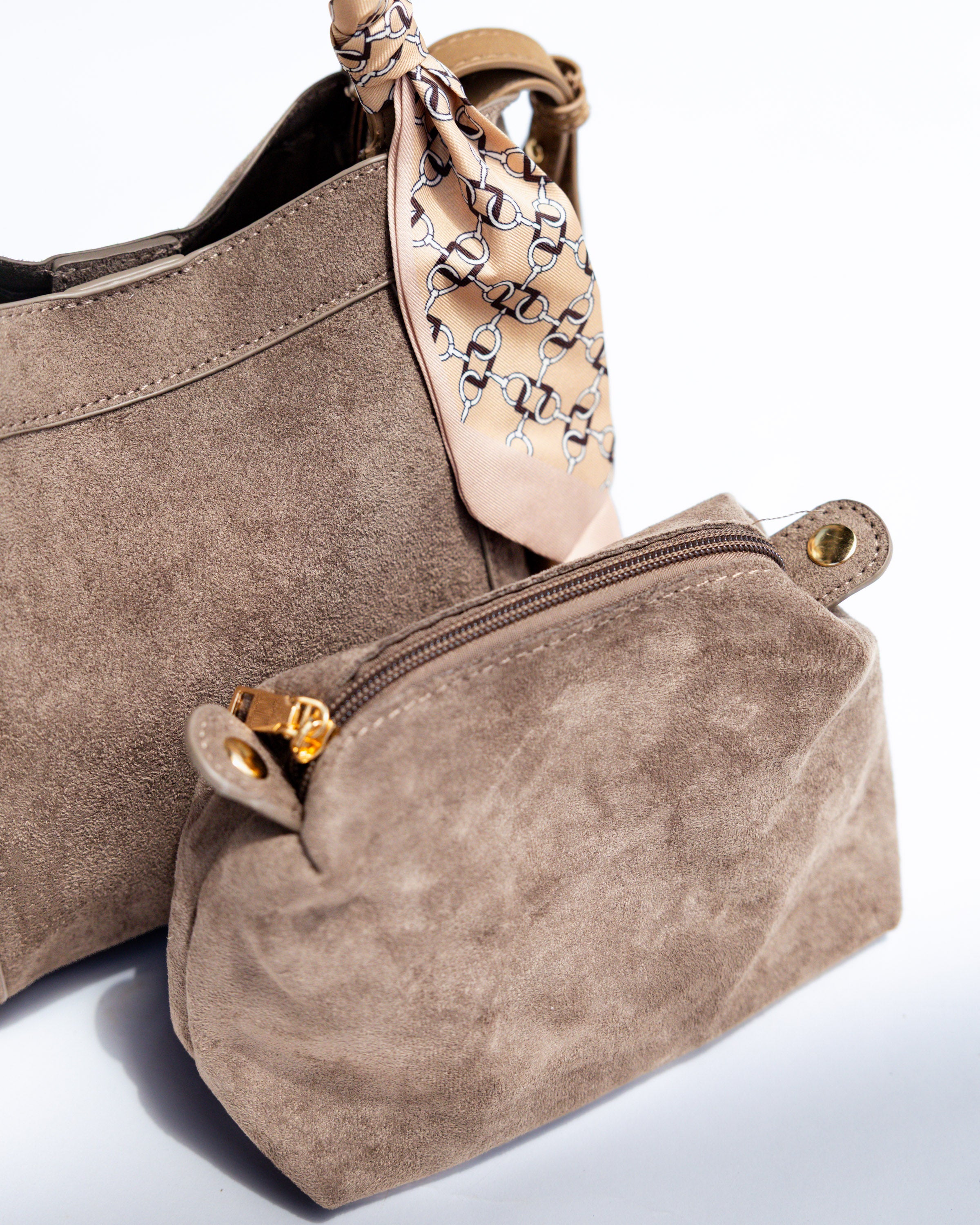 Signature Suede Handbag in Taupe