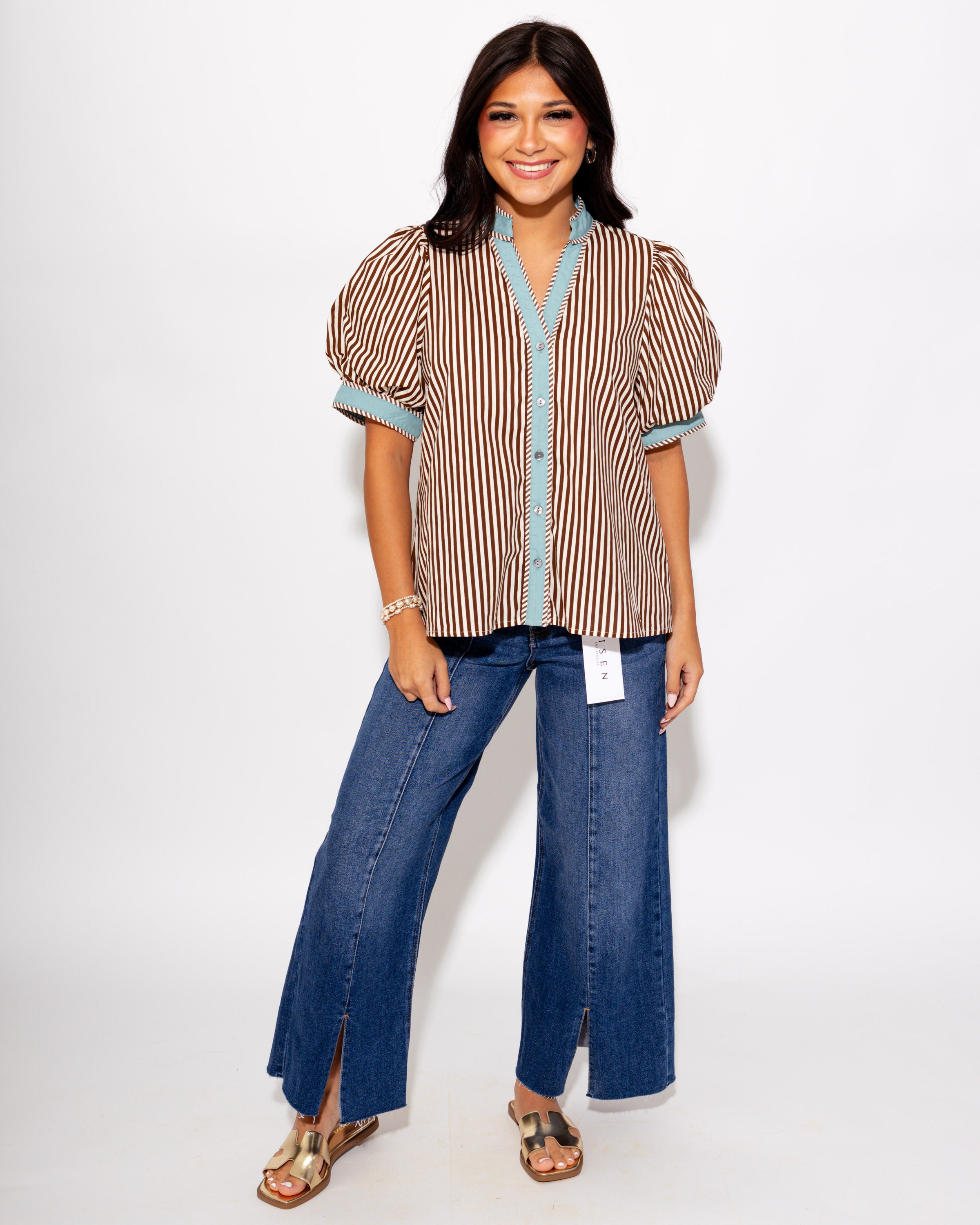 Contrast Trim Stripe V-Neck Top in Brown