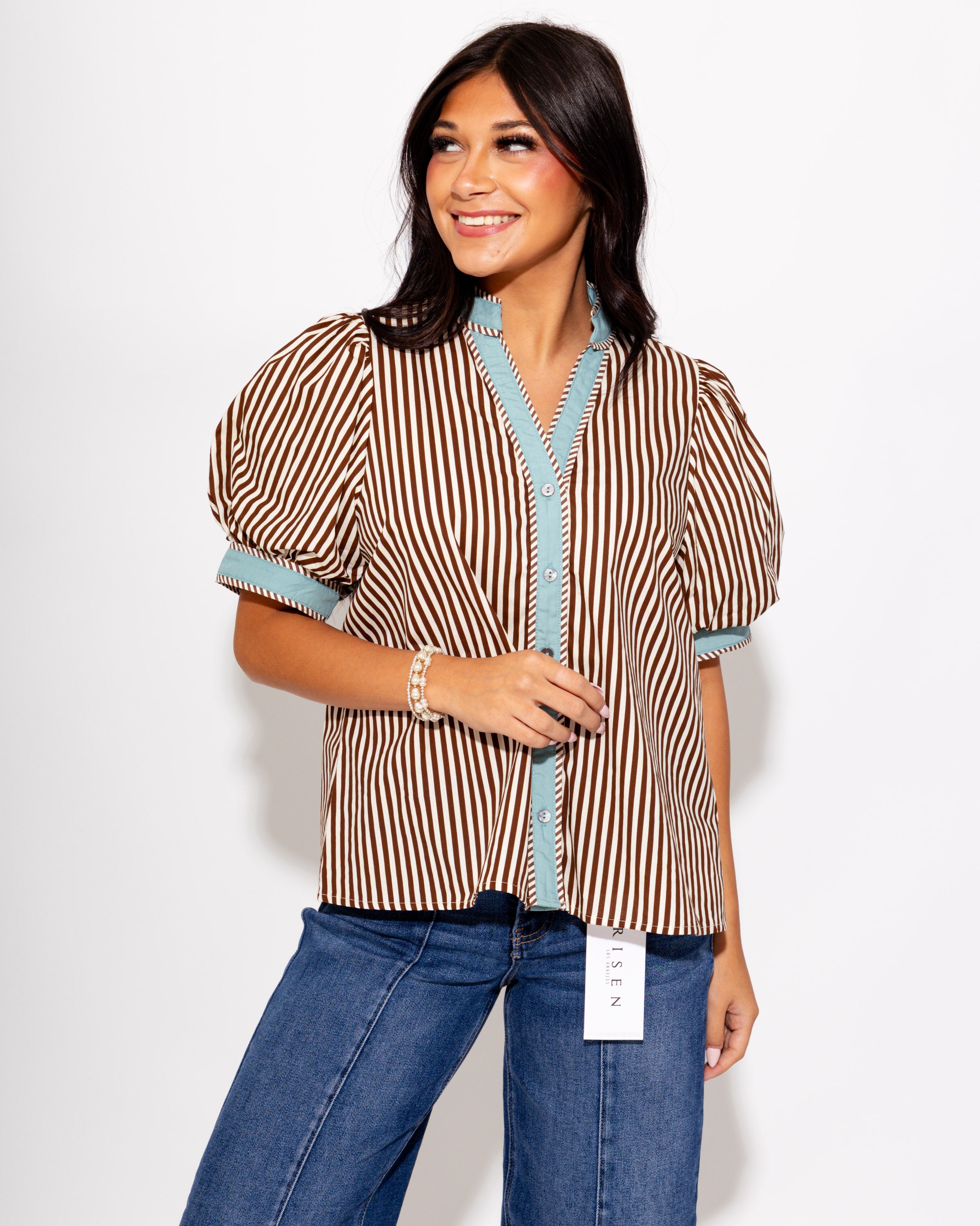 Contrast Trim Stripe V-Neck Top in Brown