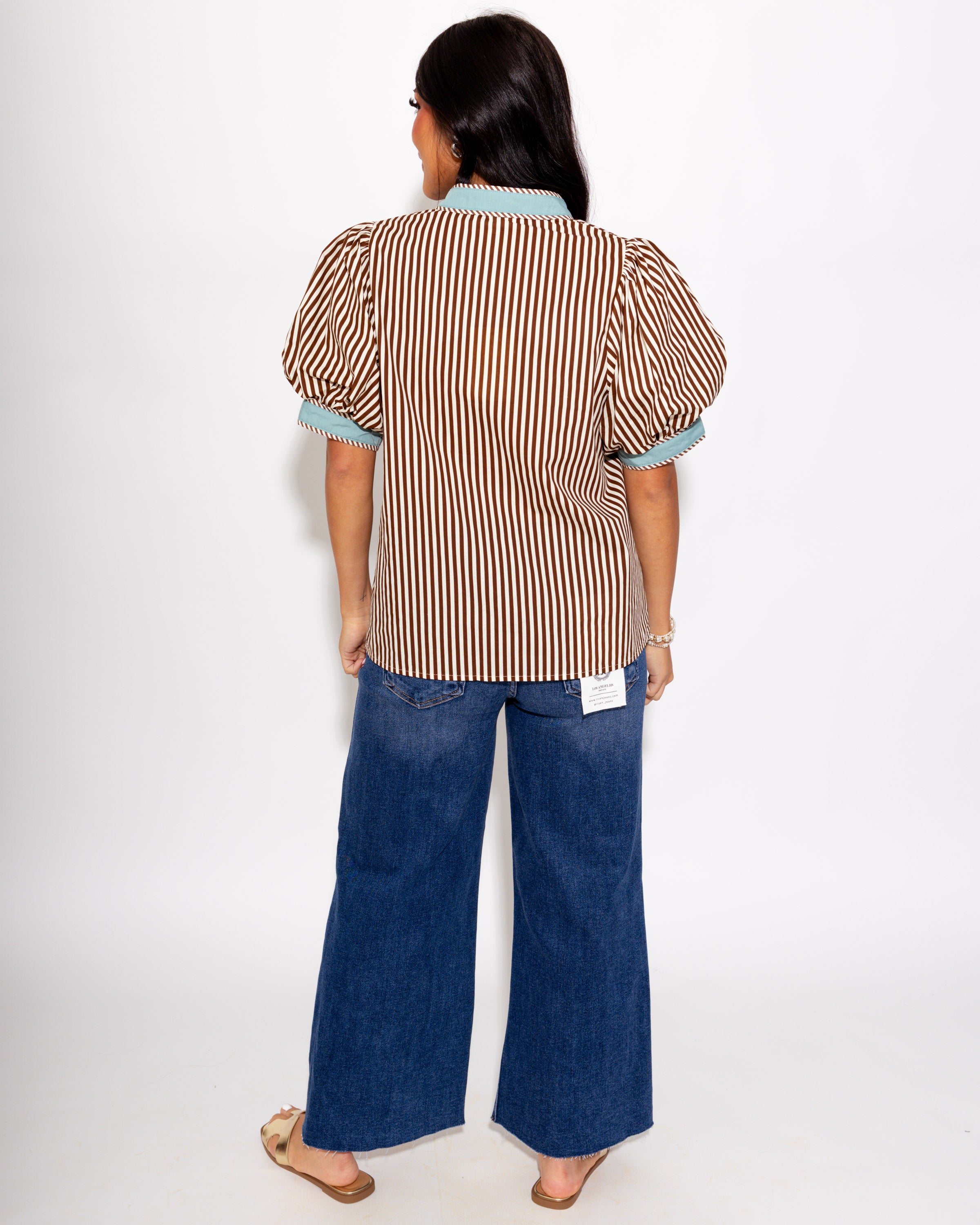Contrast Trim Stripe V-Neck Top in Brown