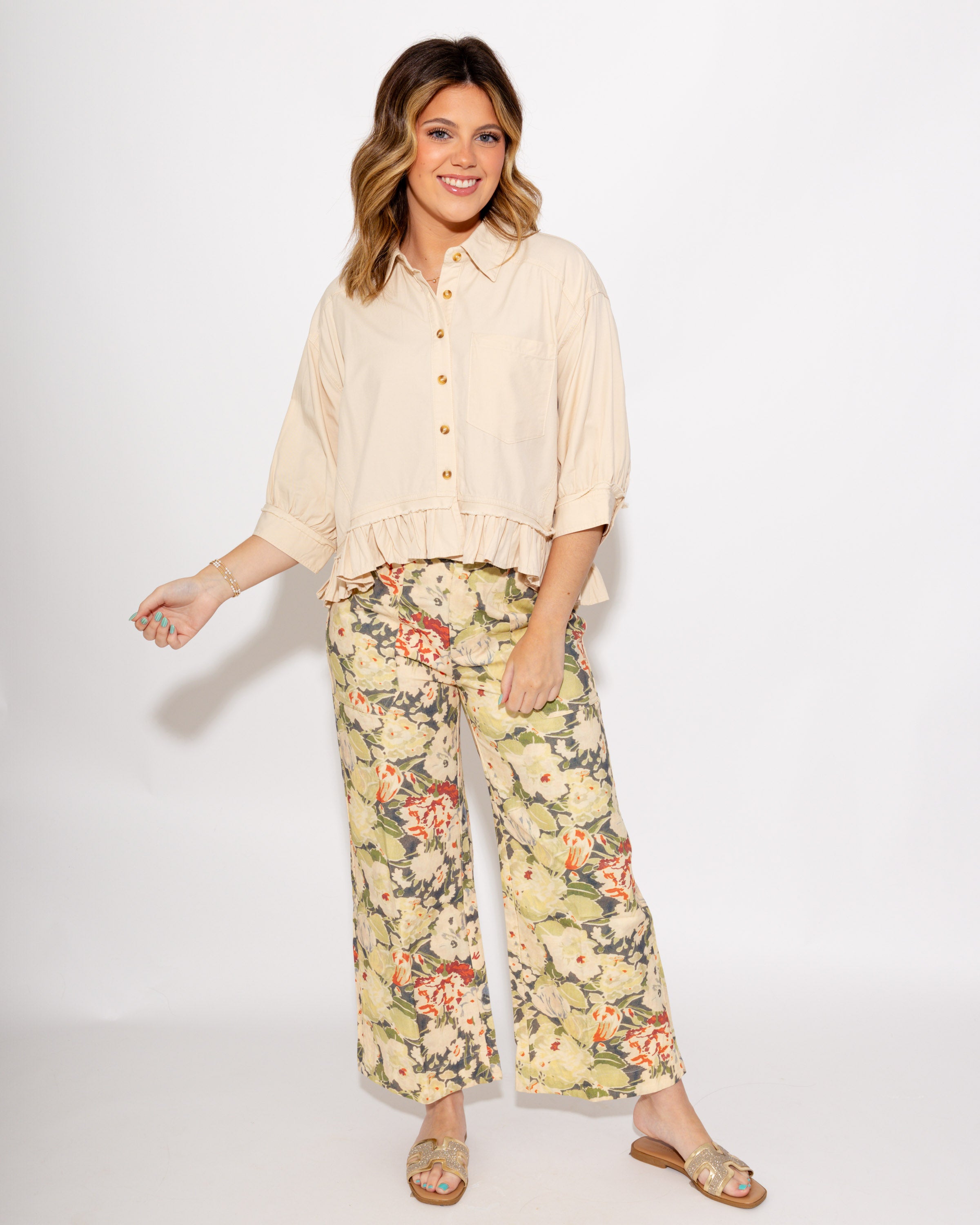 Relaxed Ruffle Hem Button-Up