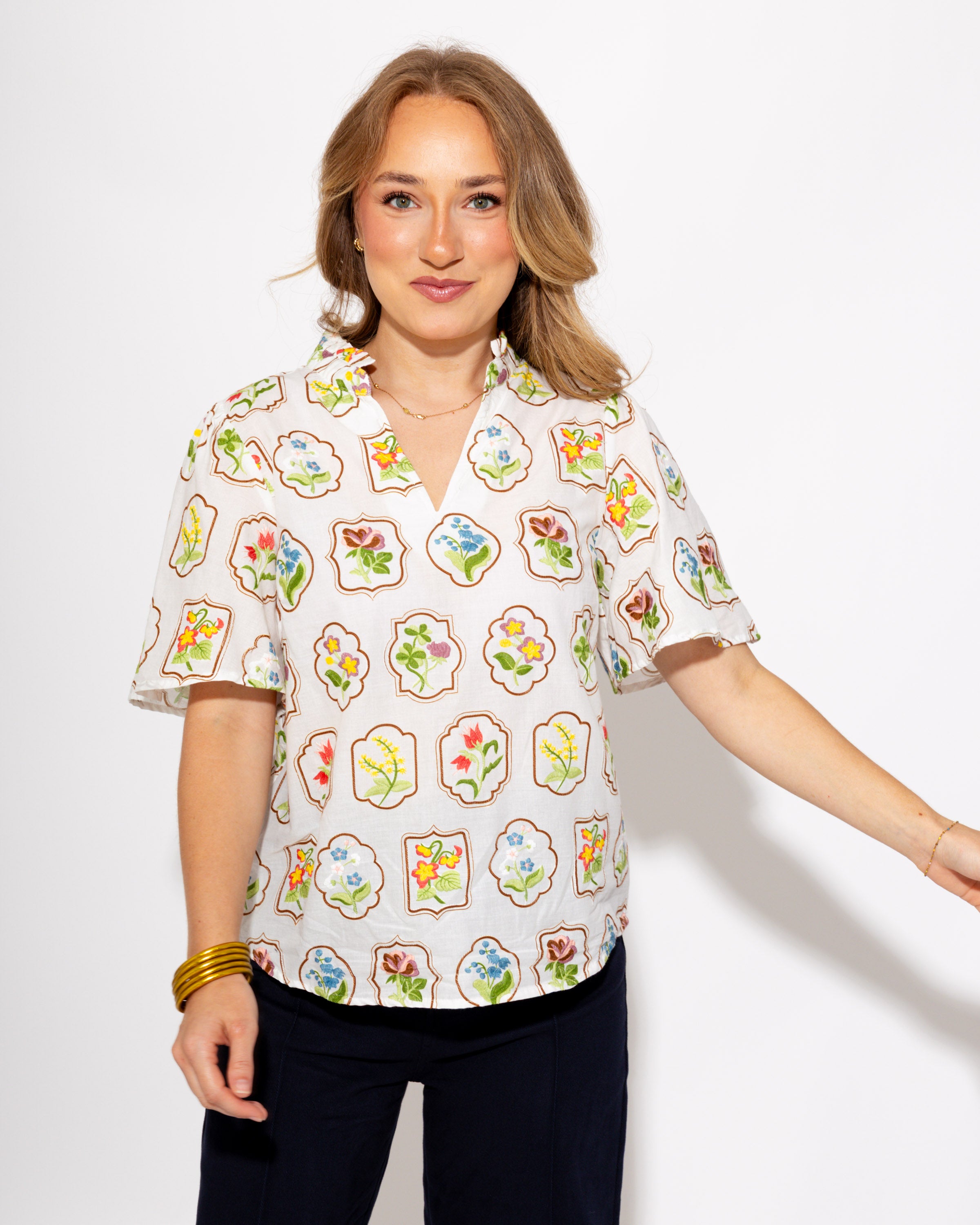 Split Neck Embroidered Floral Top