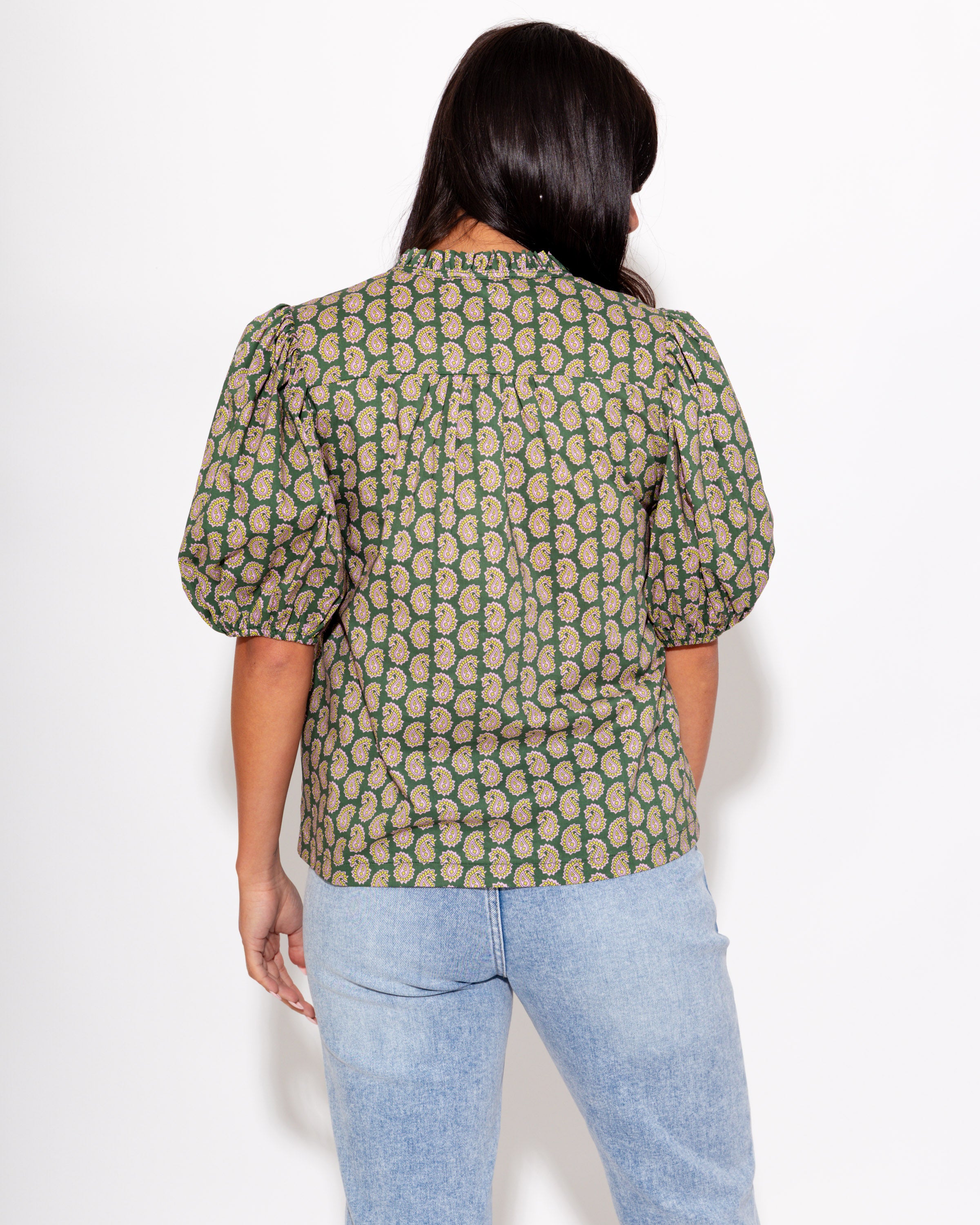Paisley Puff Sleeve Top in Olive Pink