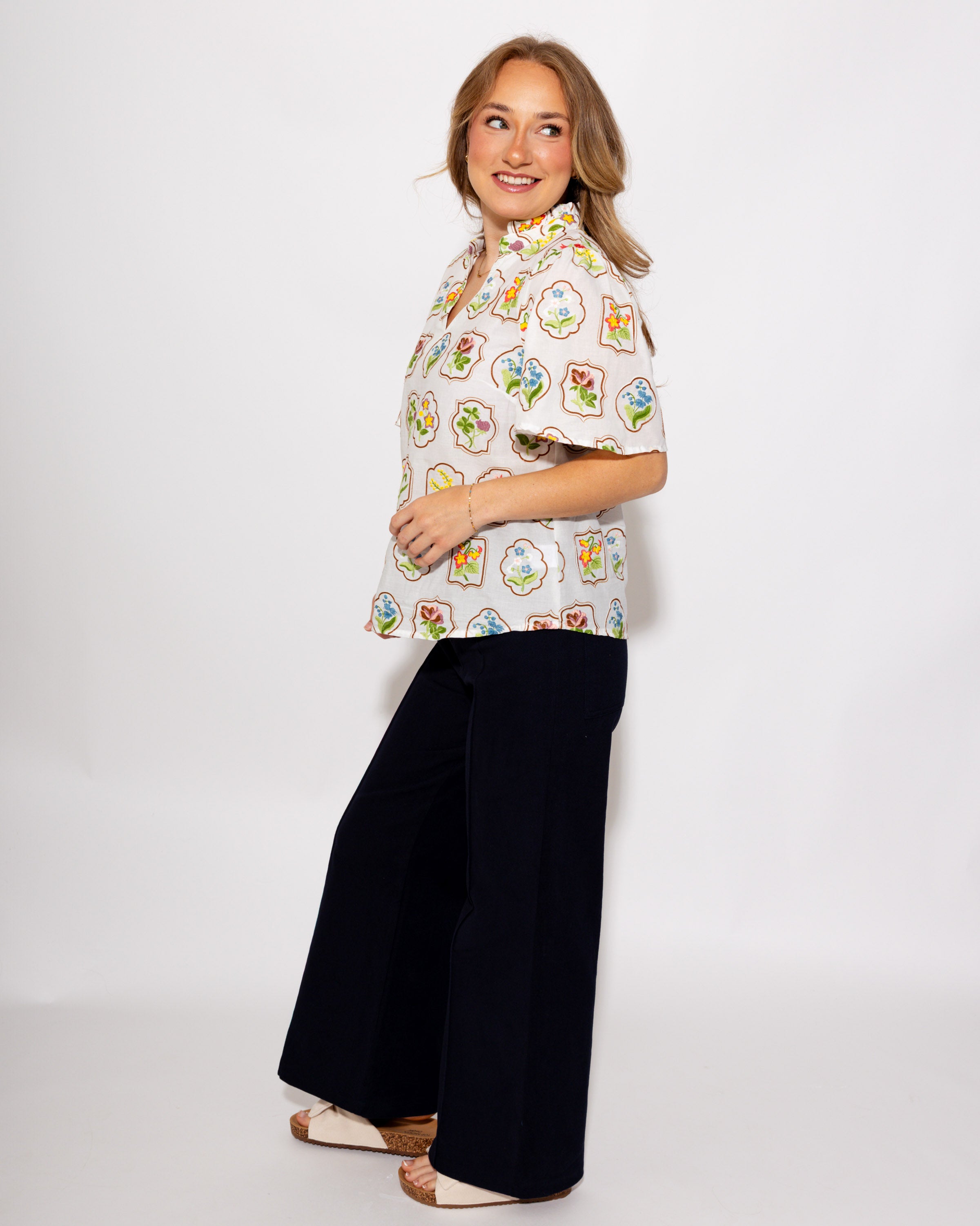 Split Neck Embroidered Floral Top