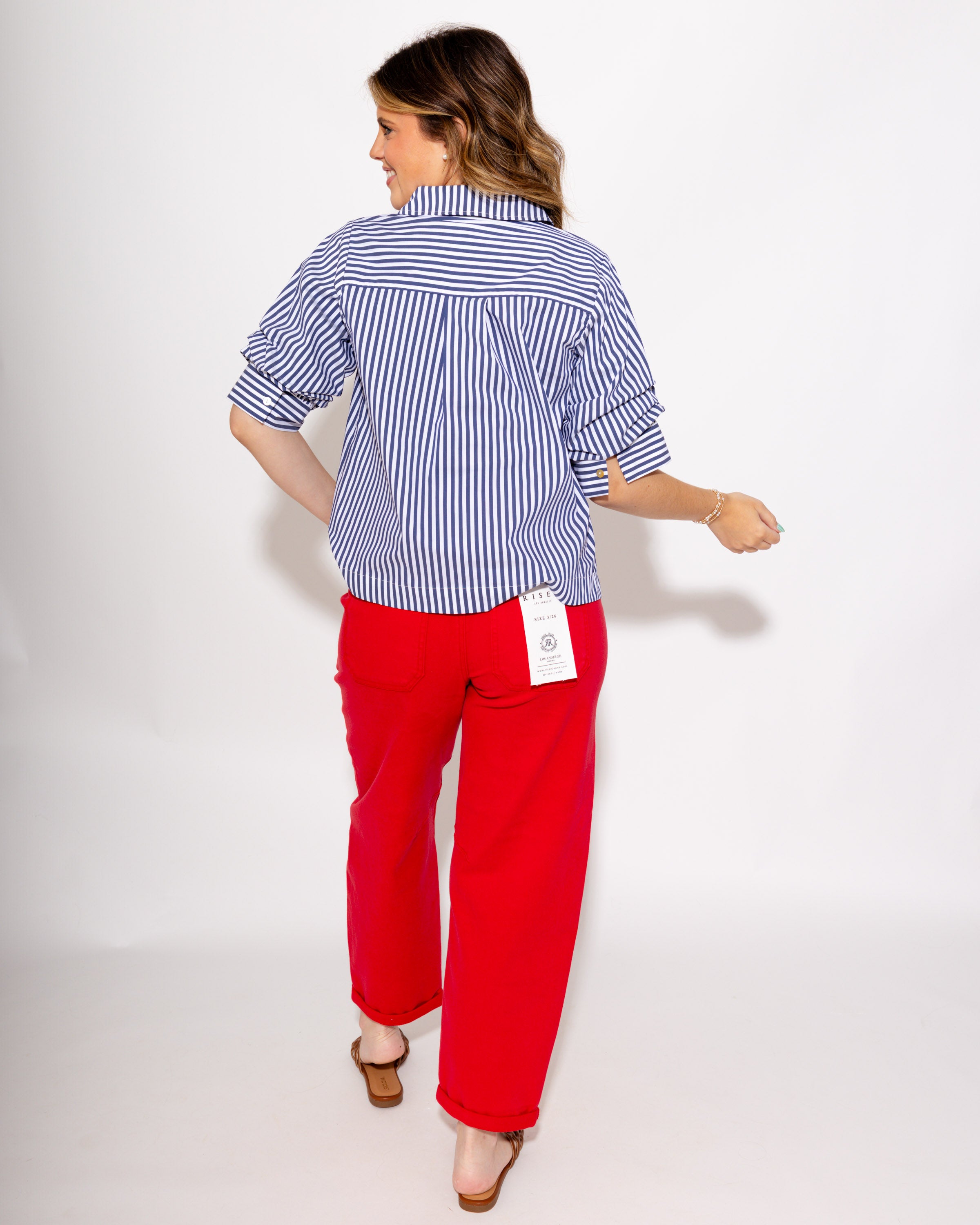 Ruched Sleeve Stripe Top in Navy