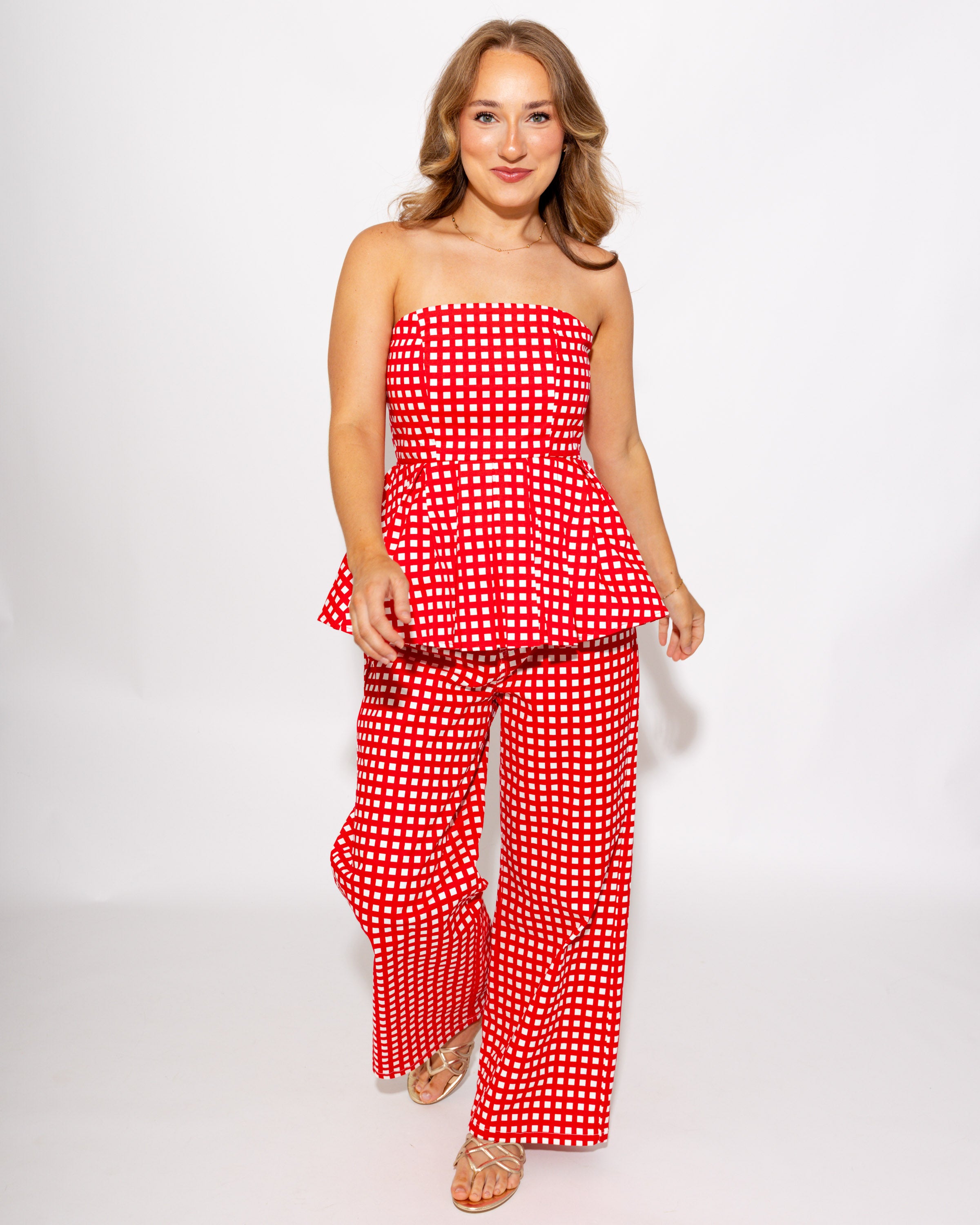 Strapless Checkered Peplum Top & Pant Set