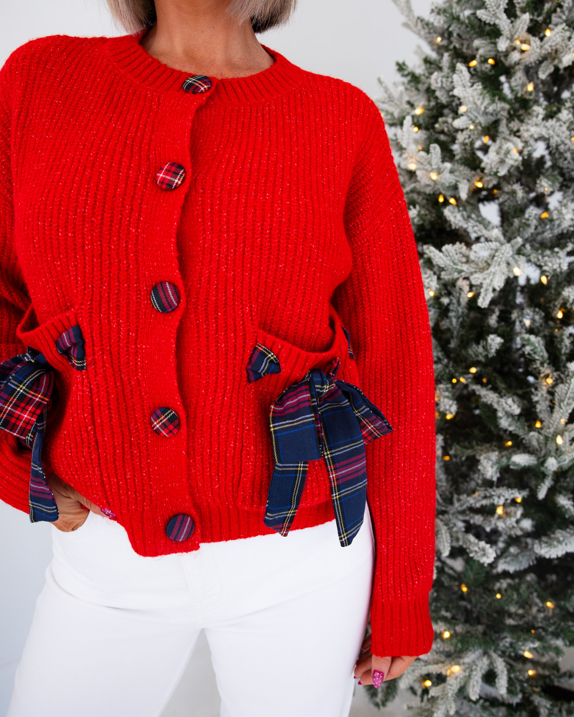 Red Plaid Bow Cardigan Top