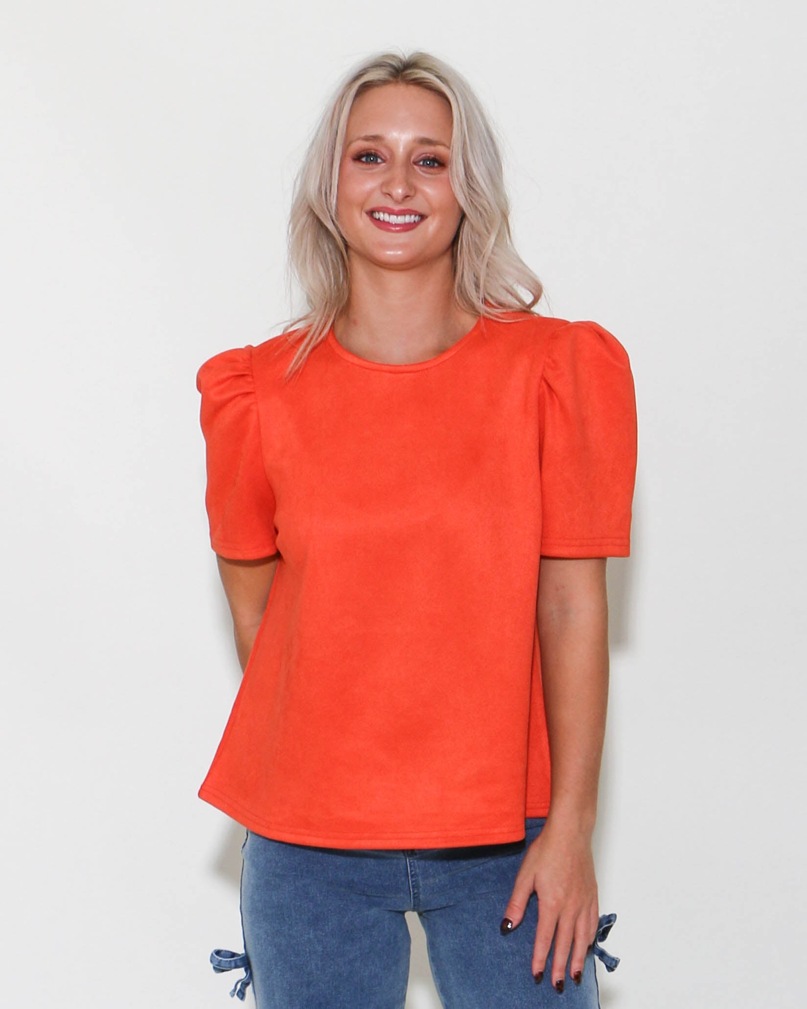 THML | Puff Sleeve Suede Top in Orange