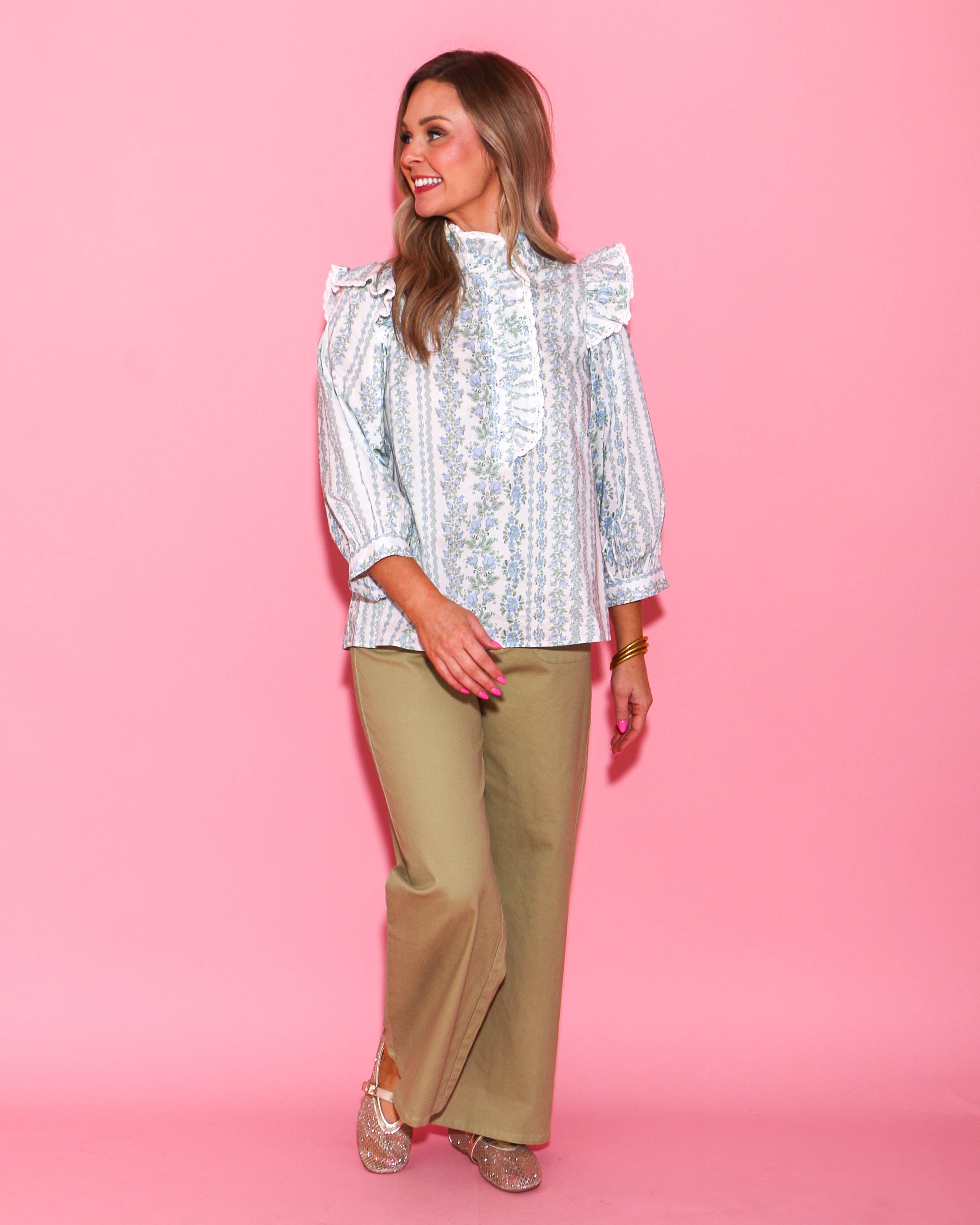 Blue Floral Print Puff Sleeve Ruffle Shoulder Popover Top