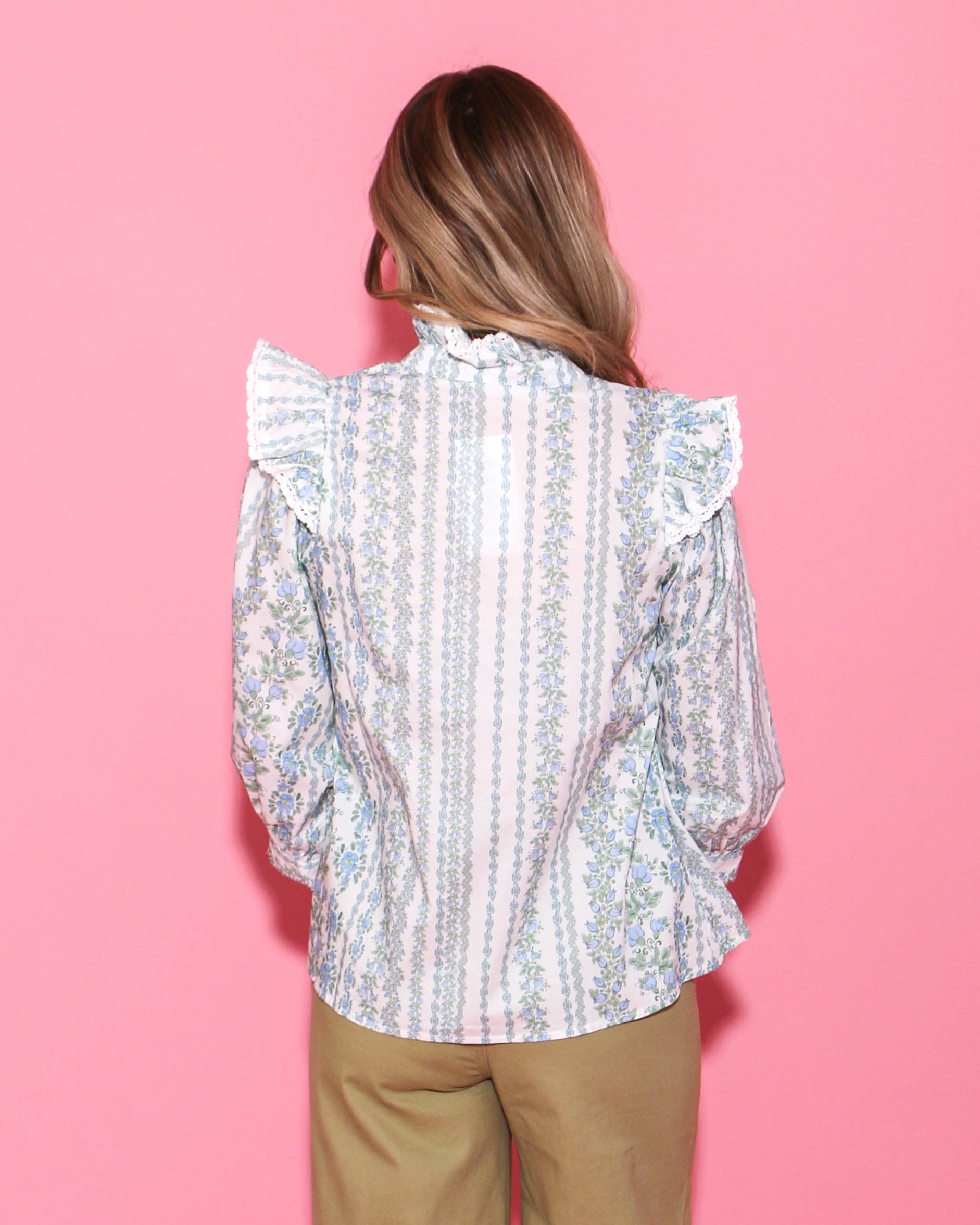 Blue Floral Print Puff Sleeve Ruffle Shoulder Popover Top