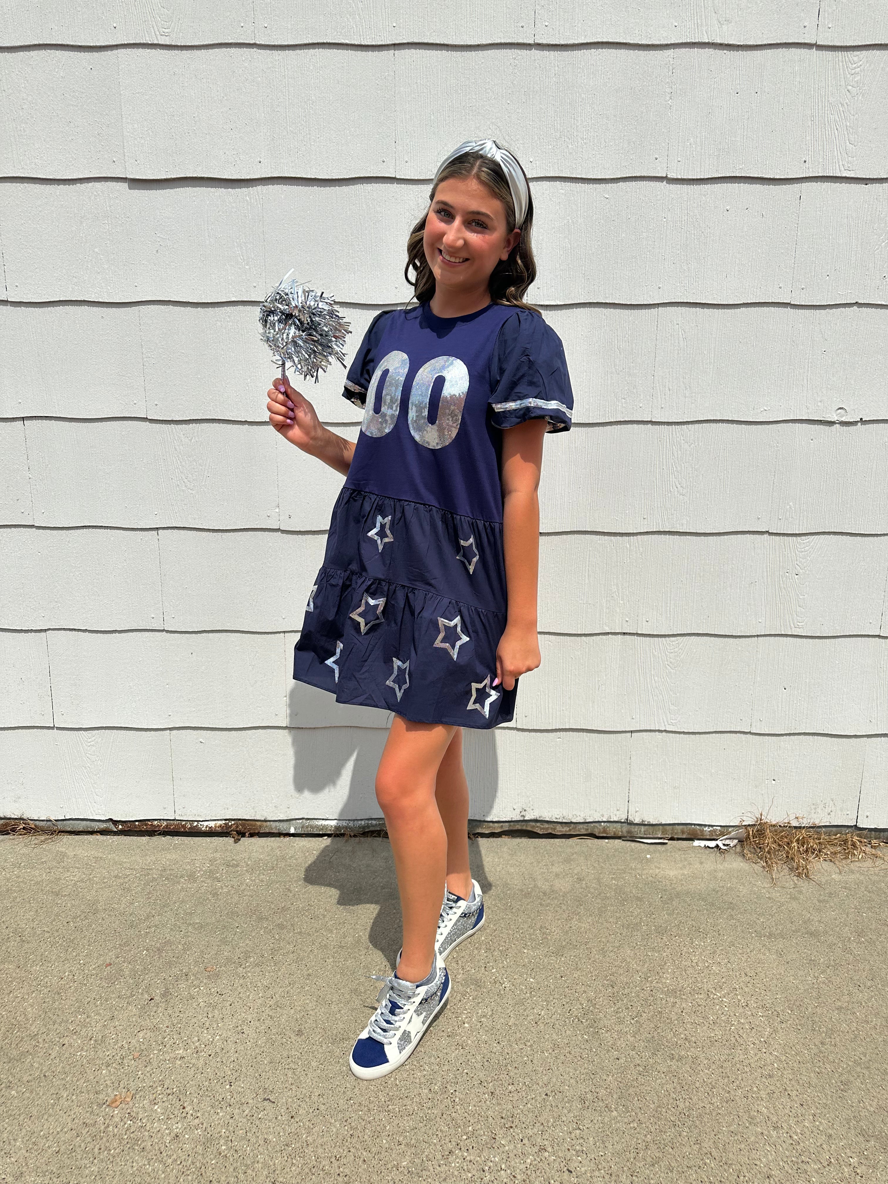 Poplin Baby Doll Dress Jersey In Navy/Silver