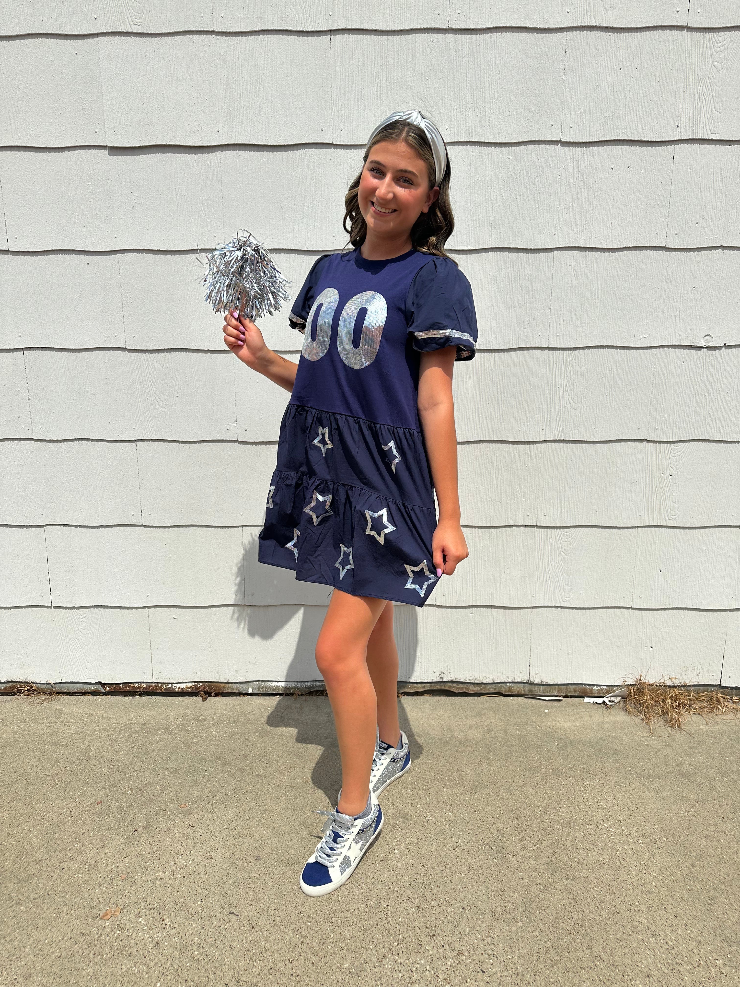 Poplin Baby Doll Dress Jersey In Navy/Silver