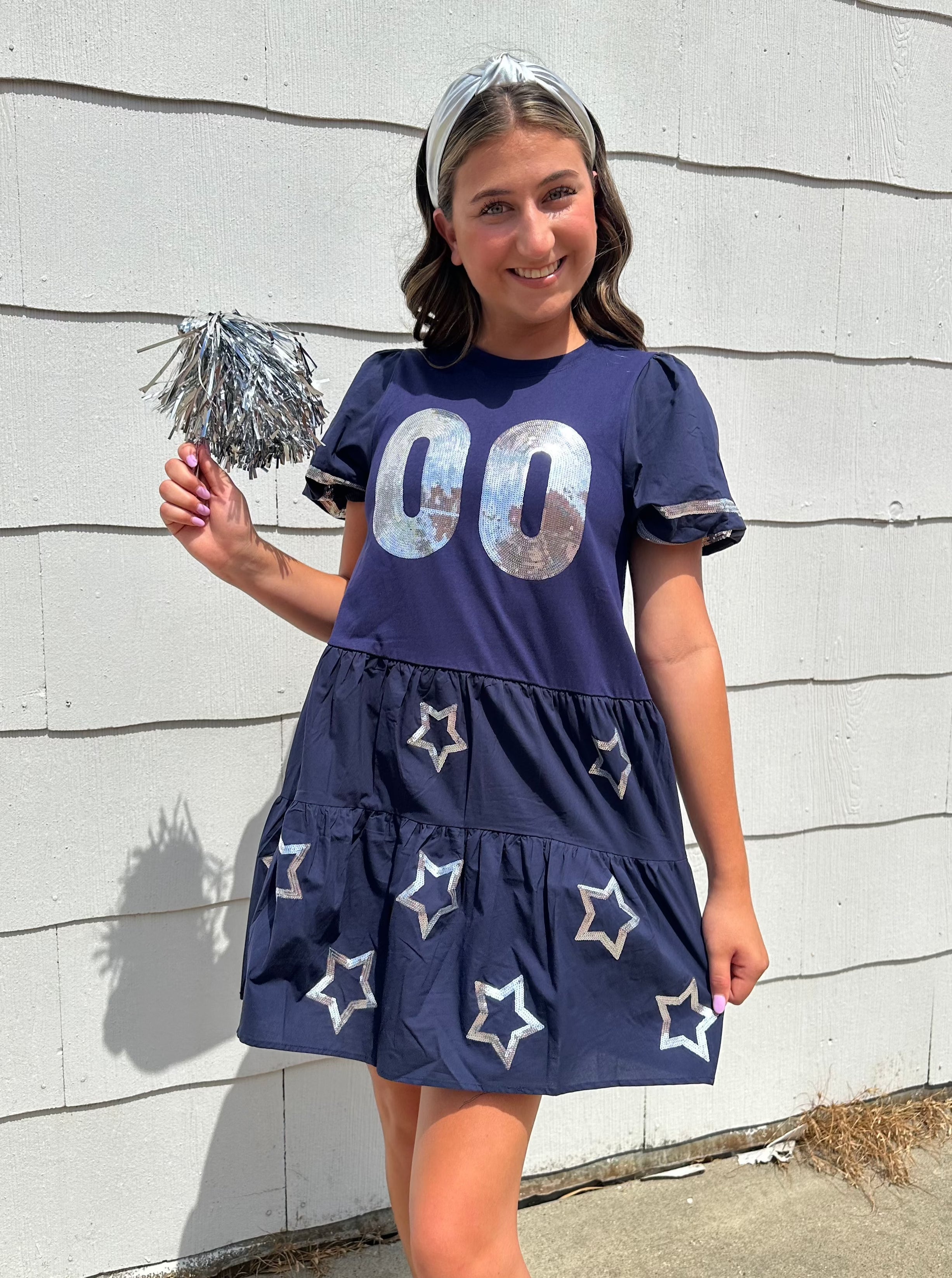 Poplin Baby Doll Dress Jersey In Navy/Silver