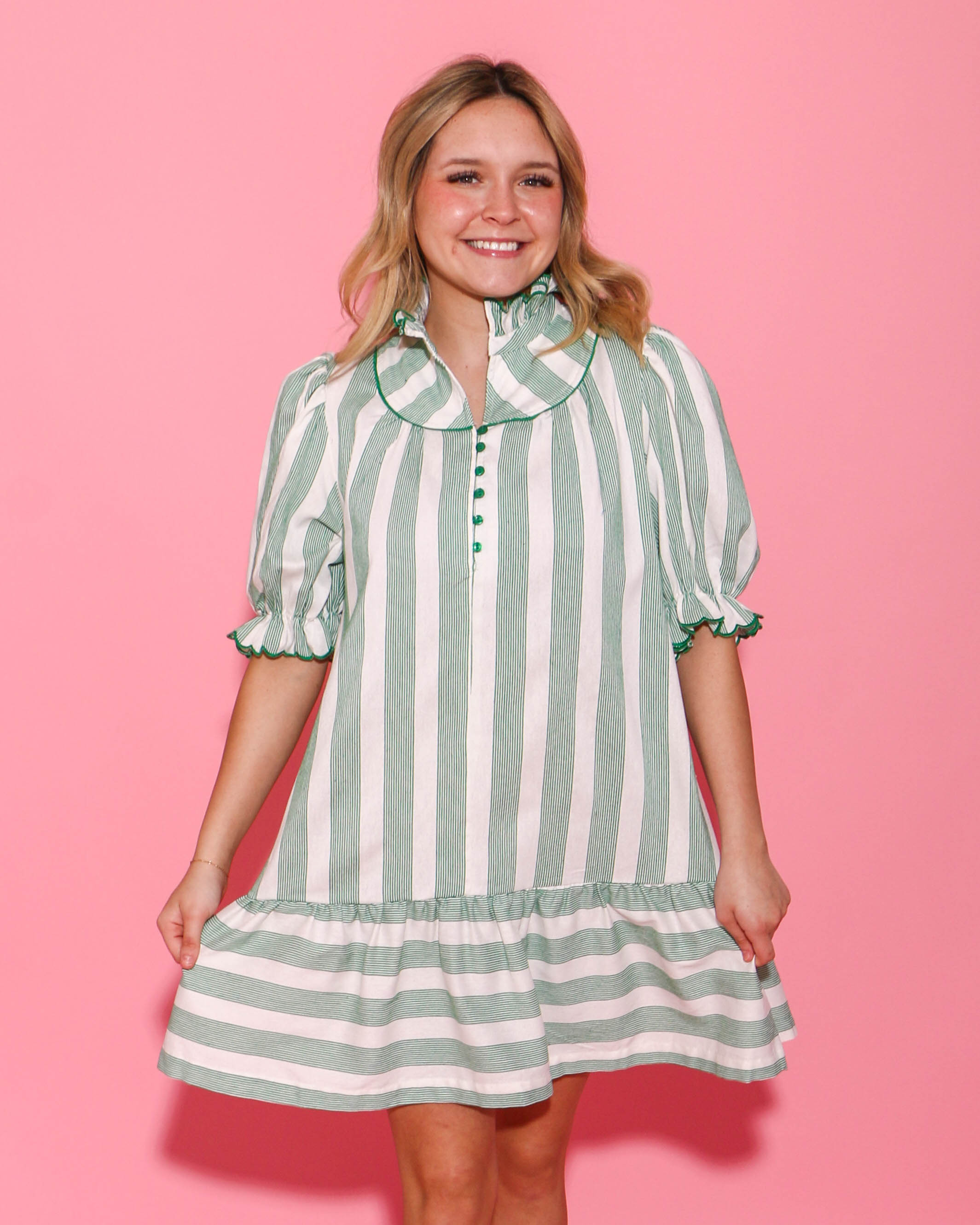 The Cutest Green Button Down Ruffled Dress
