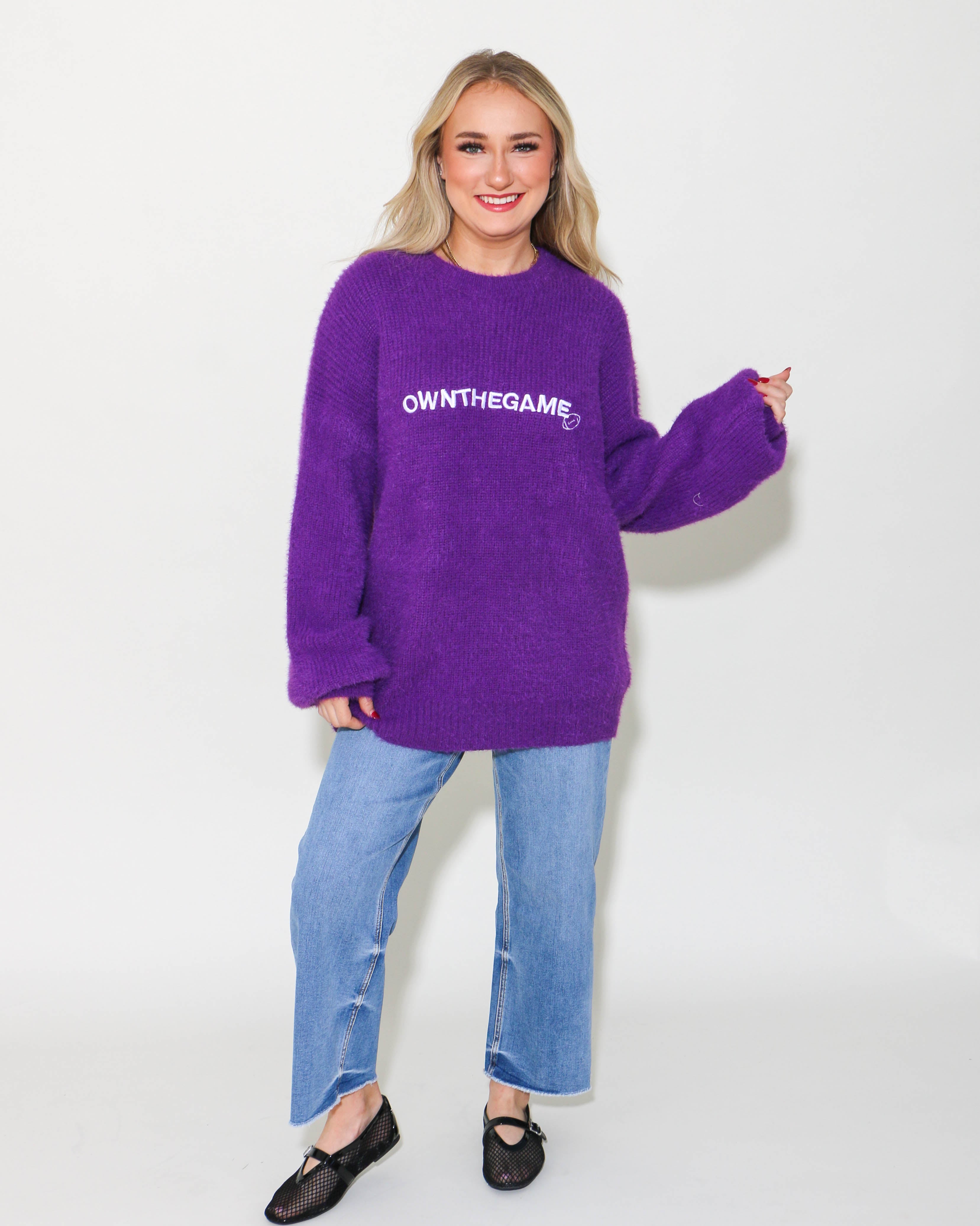Slouchy Fuzzy Knit Football Sweater in Purple