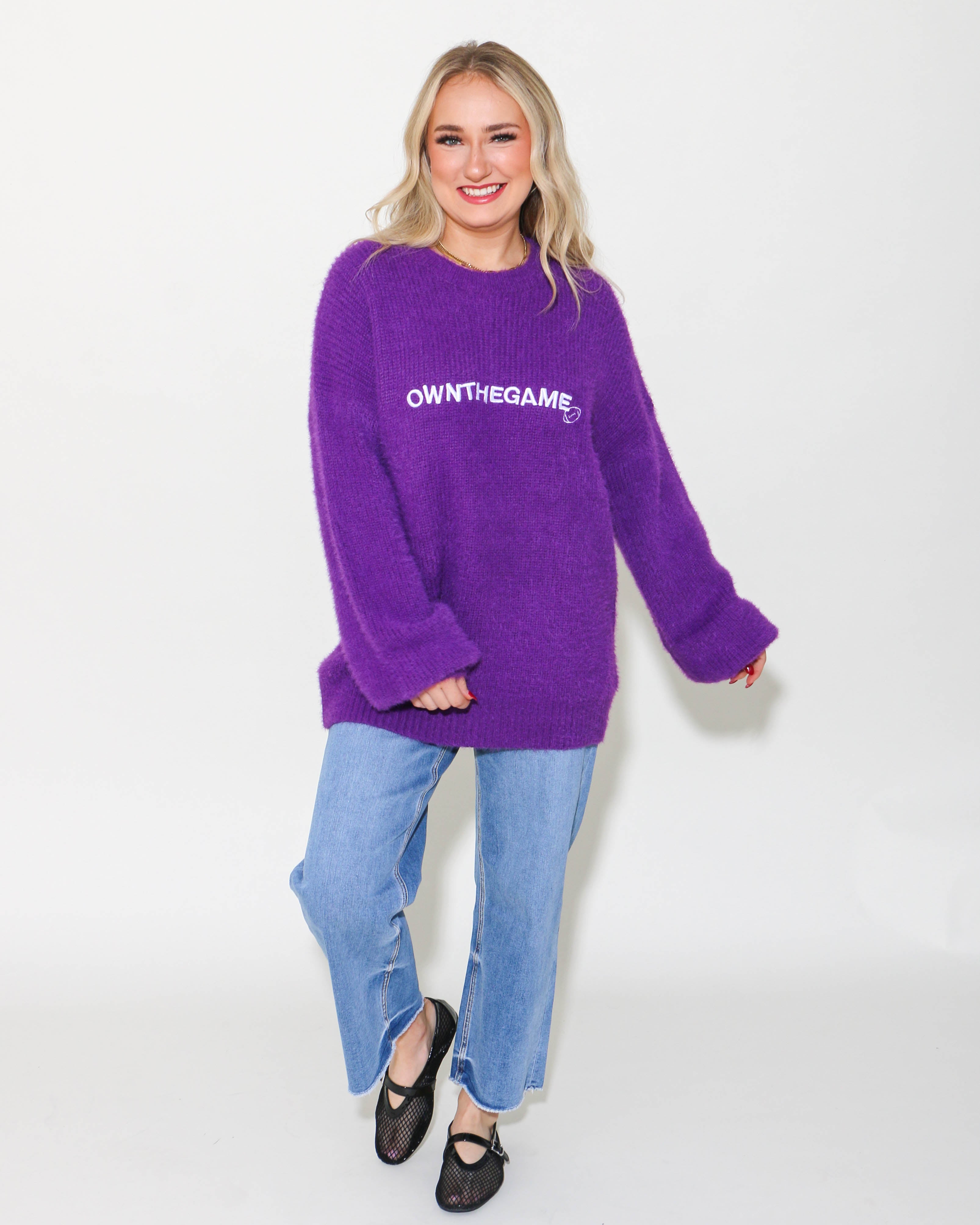 Slouchy Fuzzy Knit Football Sweater in Purple