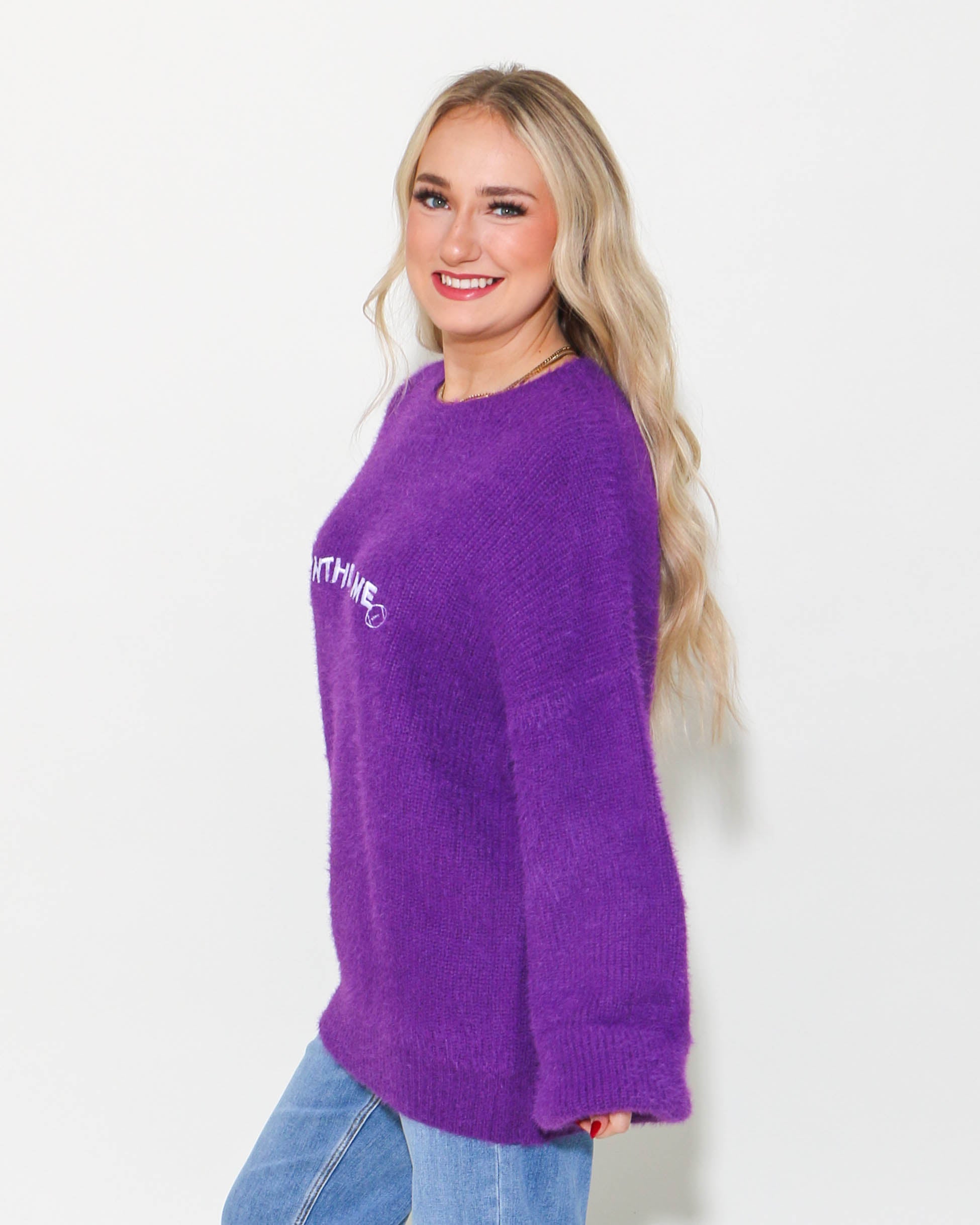 Slouchy Fuzzy Knit Football Sweater in Purple
