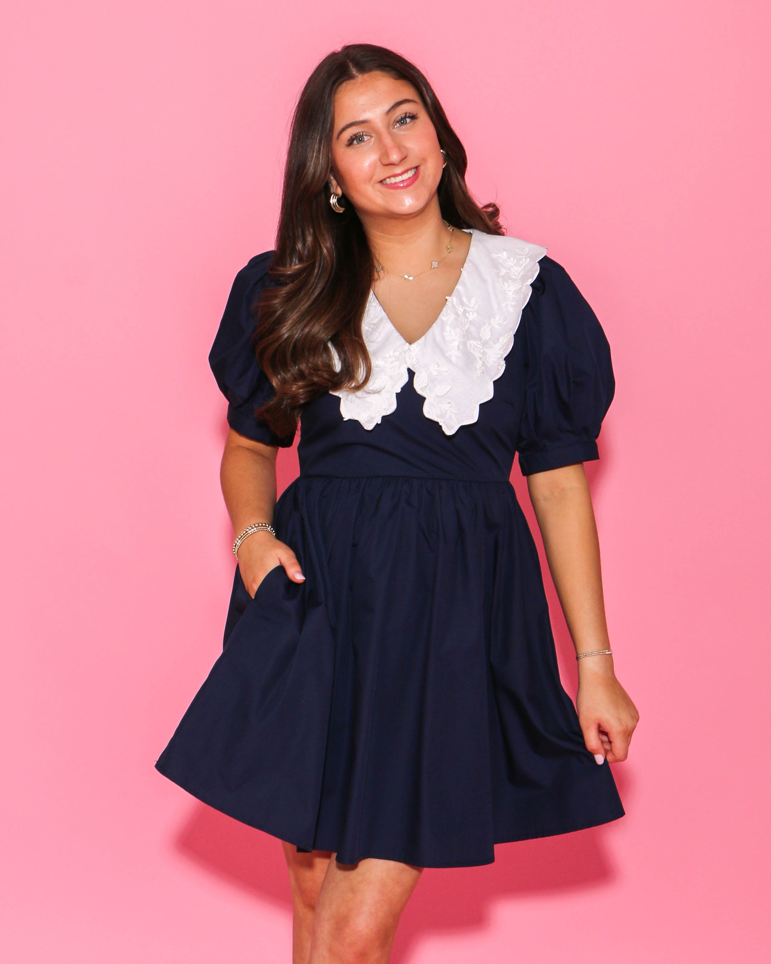 Navy Blue Dress with White Embroidered Collar