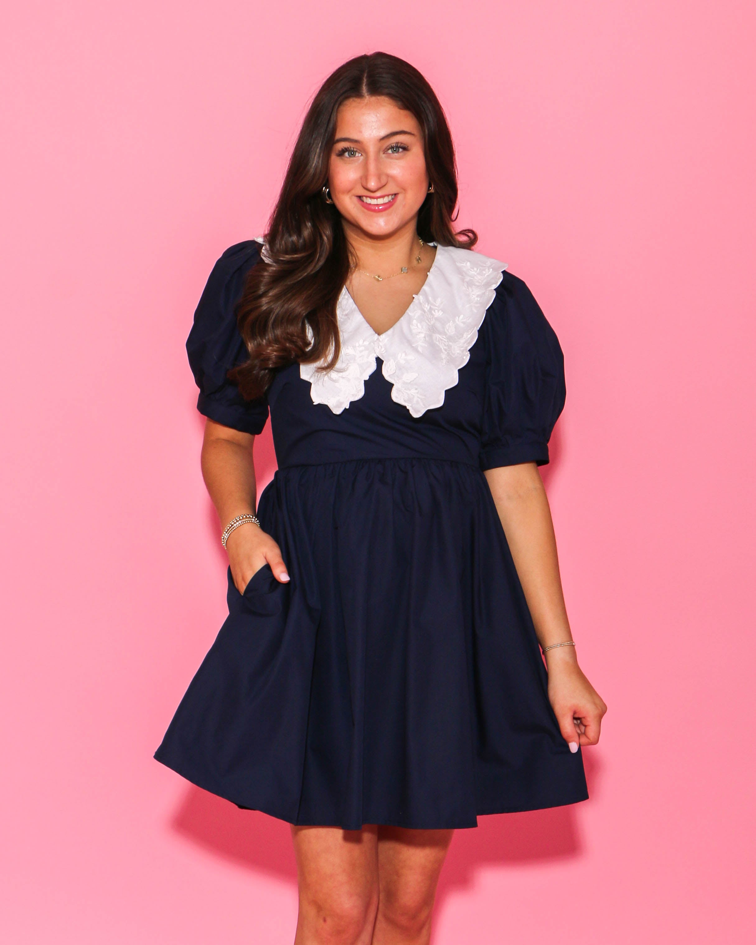 Navy Blue Dress with White Embroidered Collar