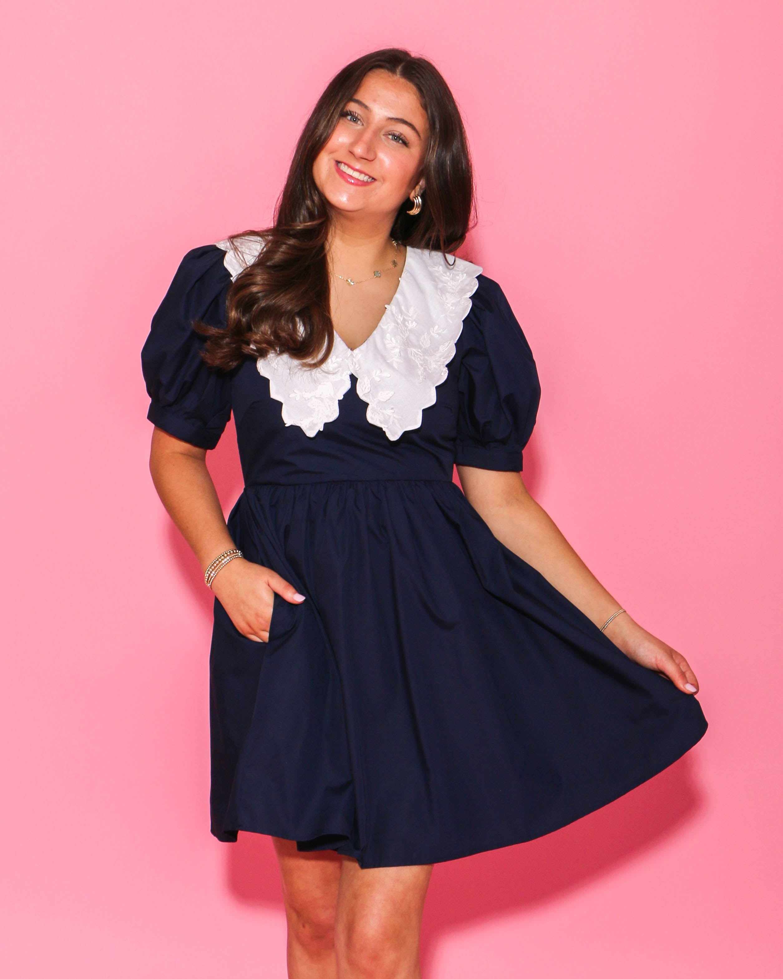 Navy Blue Dress with White Embroidered Collar
