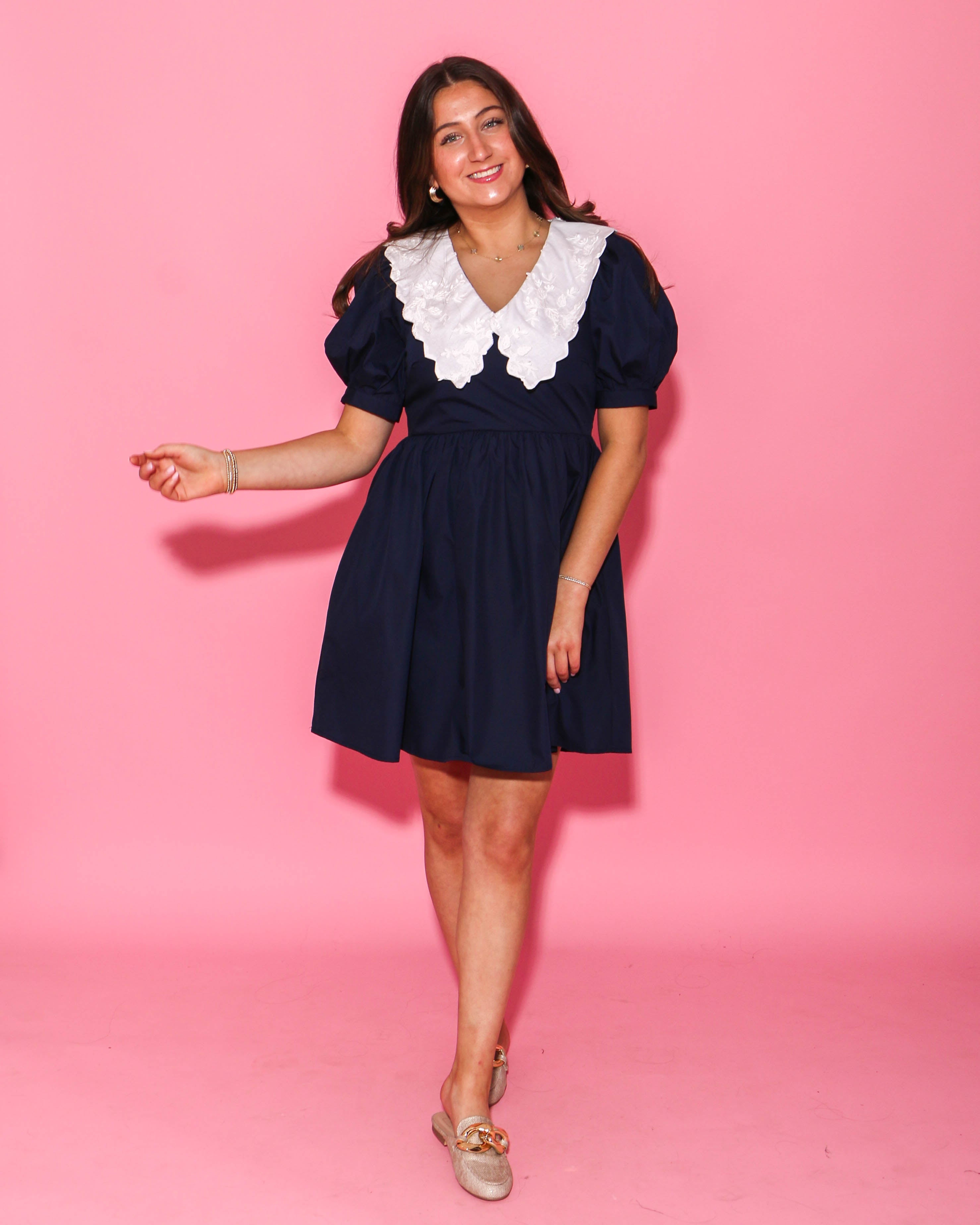 Navy Blue Dress with White Embroidered Collar