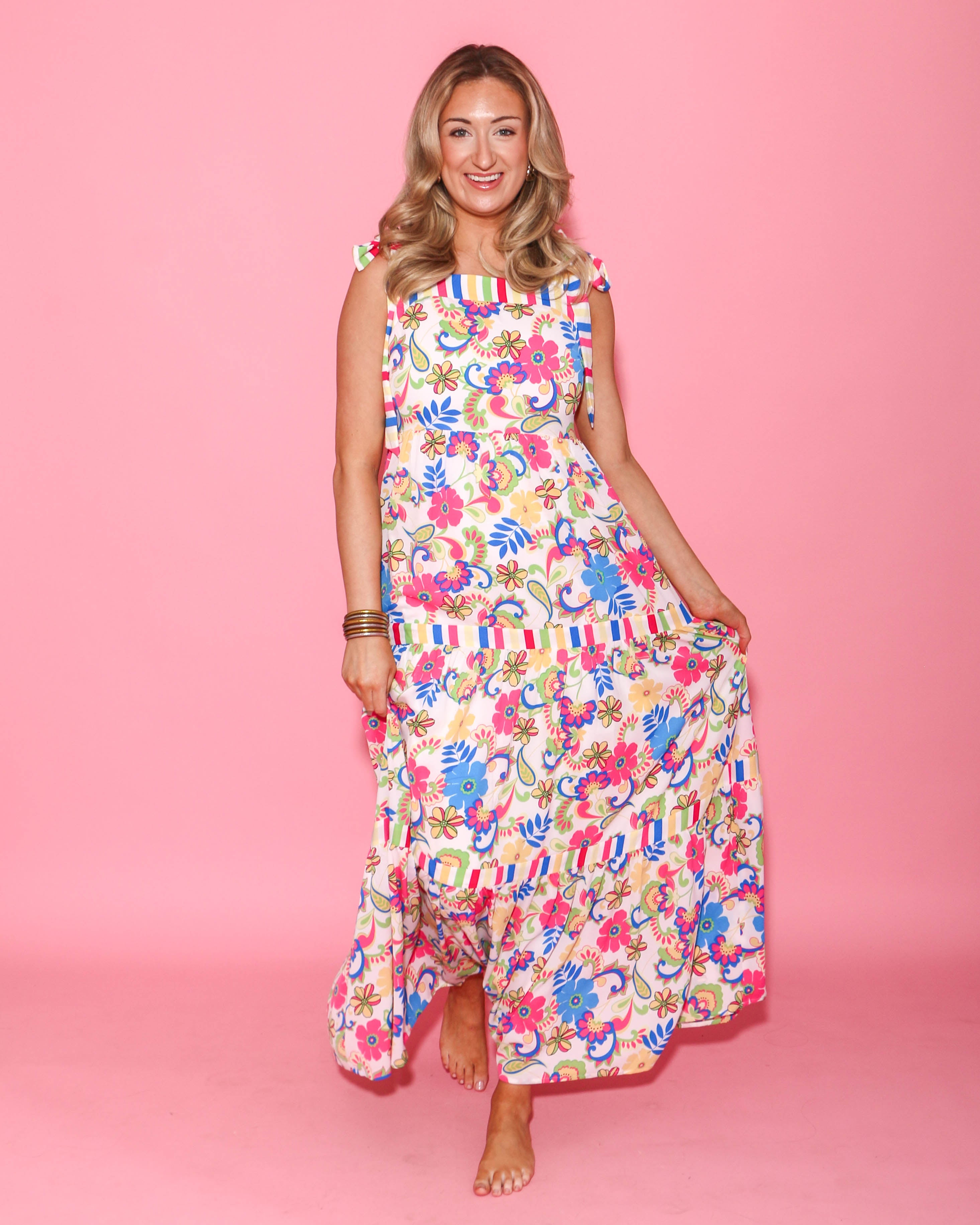 Seaside Blossom Shoulder Tie Maxi Dress
