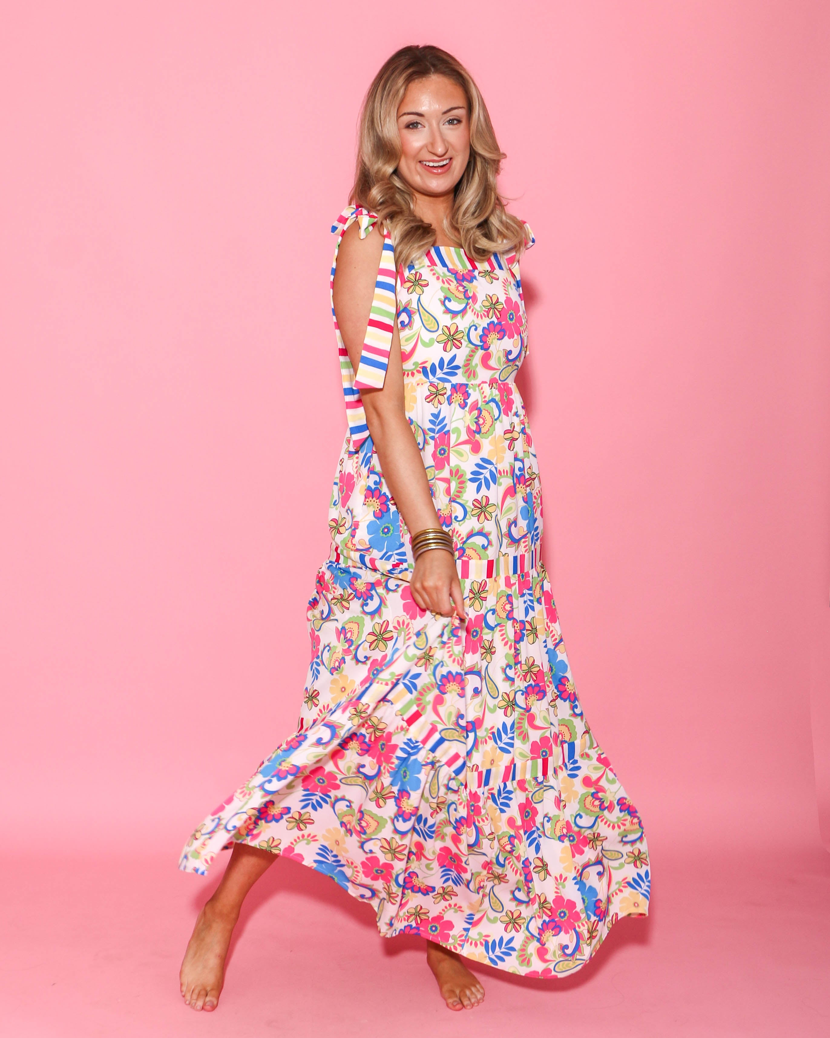 Seaside Blossom Shoulder Tie Maxi Dress