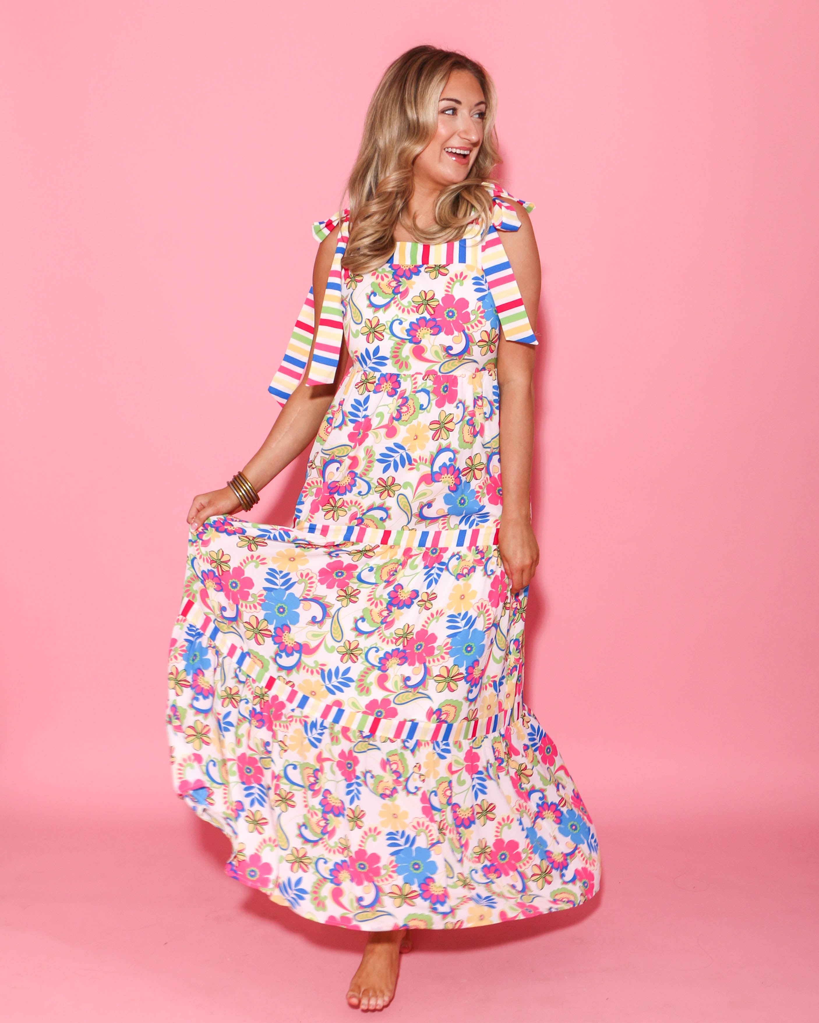 Seaside Blossom Shoulder Tie Maxi Dress