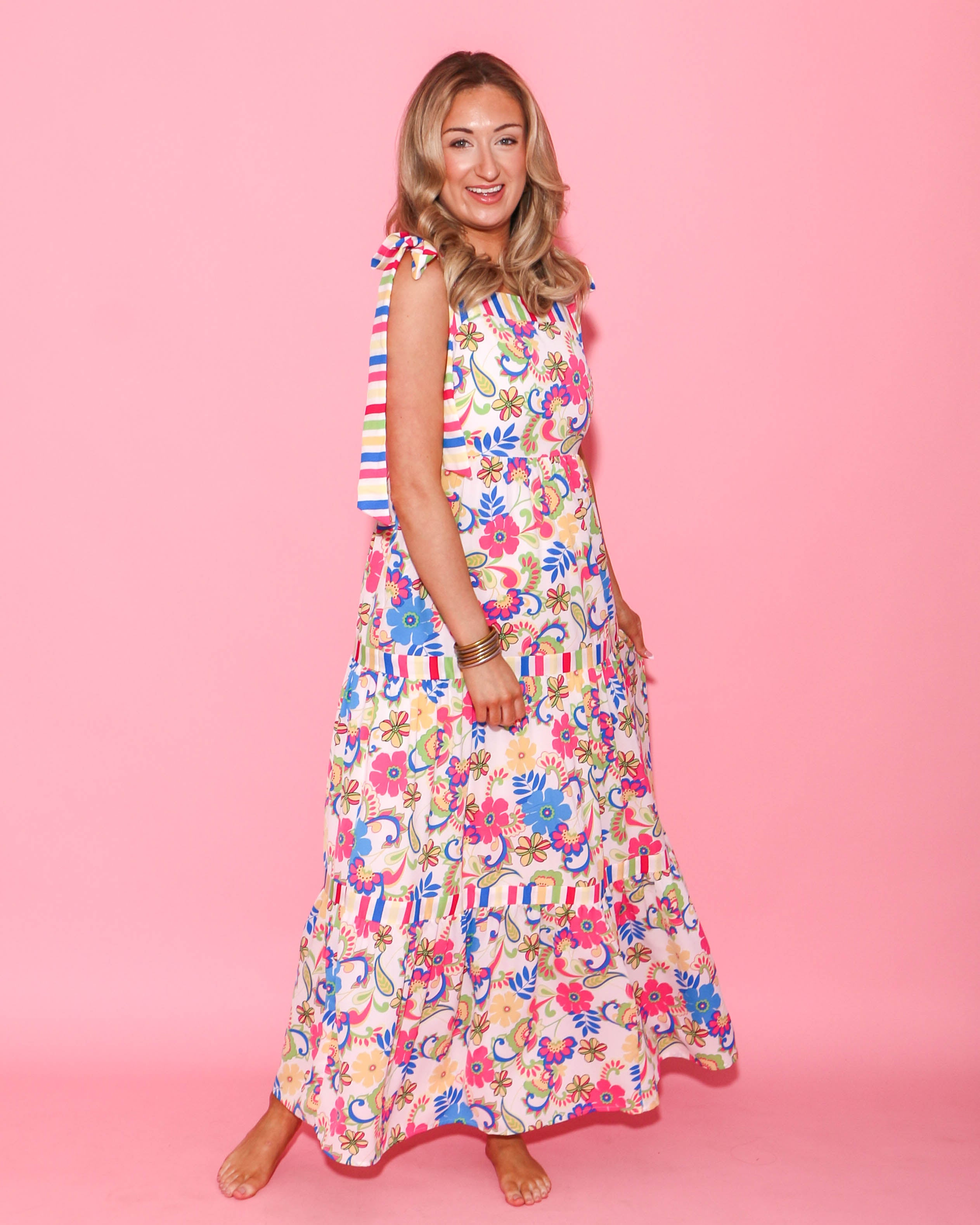 Seaside Blossom Shoulder Tie Maxi Dress