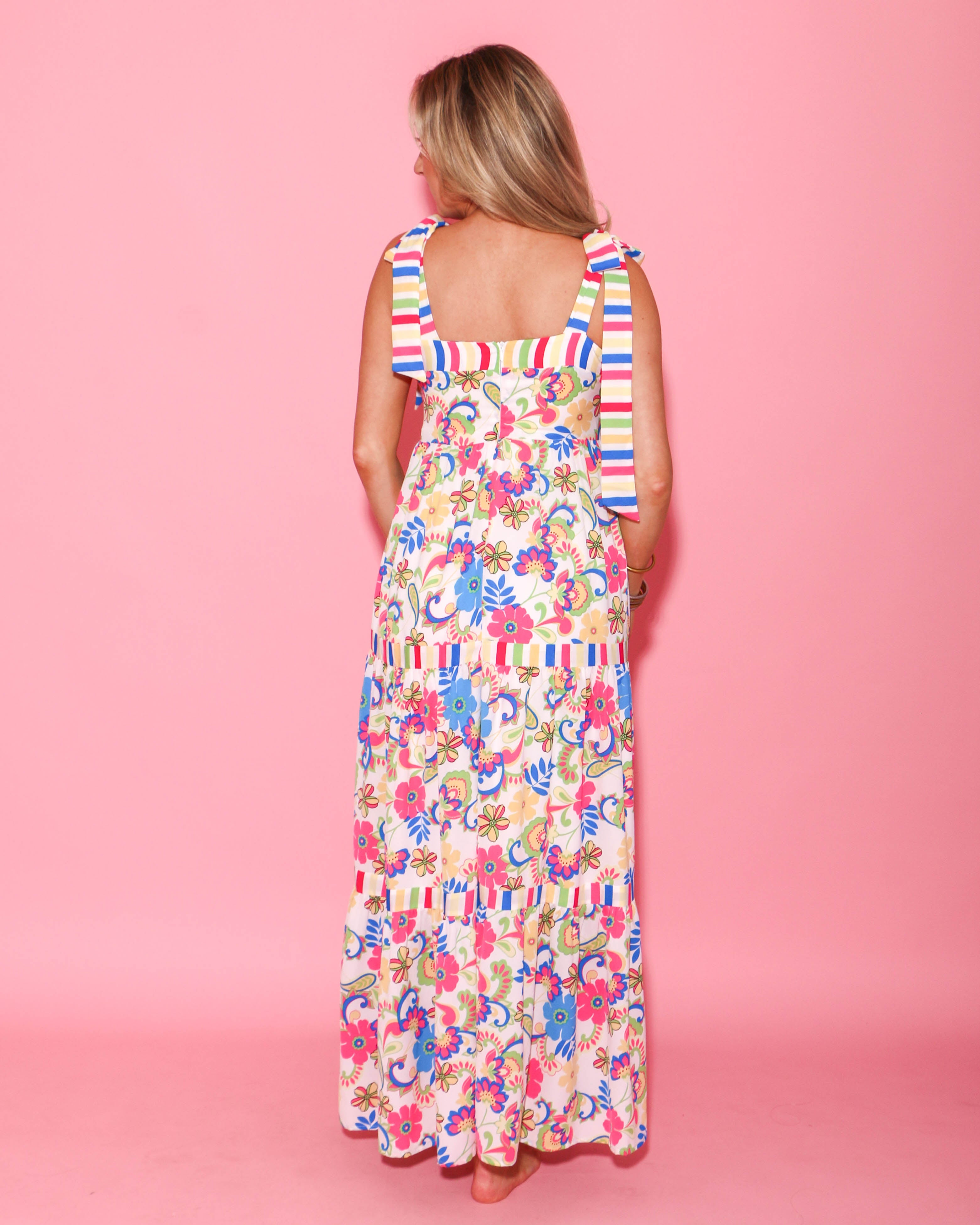 Seaside Blossom Shoulder Tie Maxi Dress