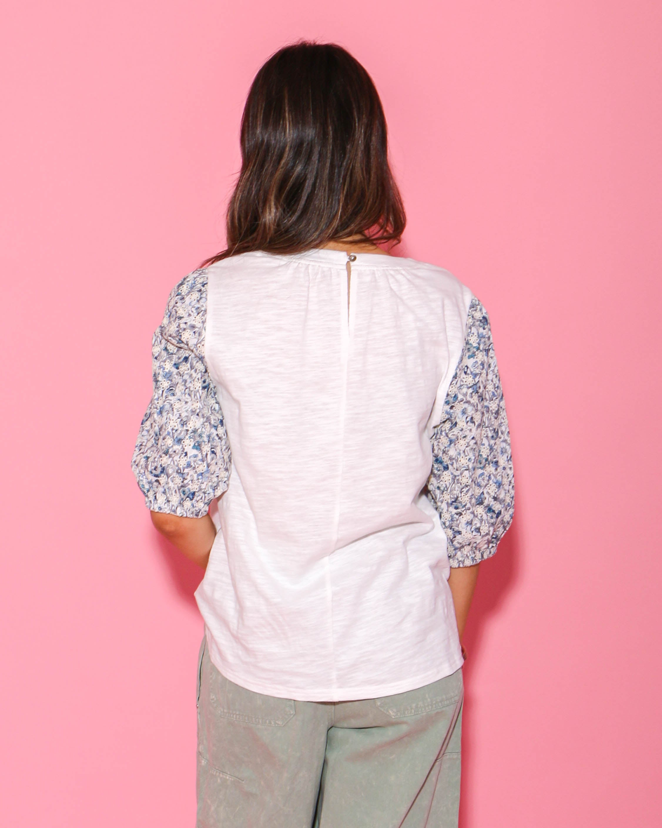 Printed Eyelet Puff Sleeve Top