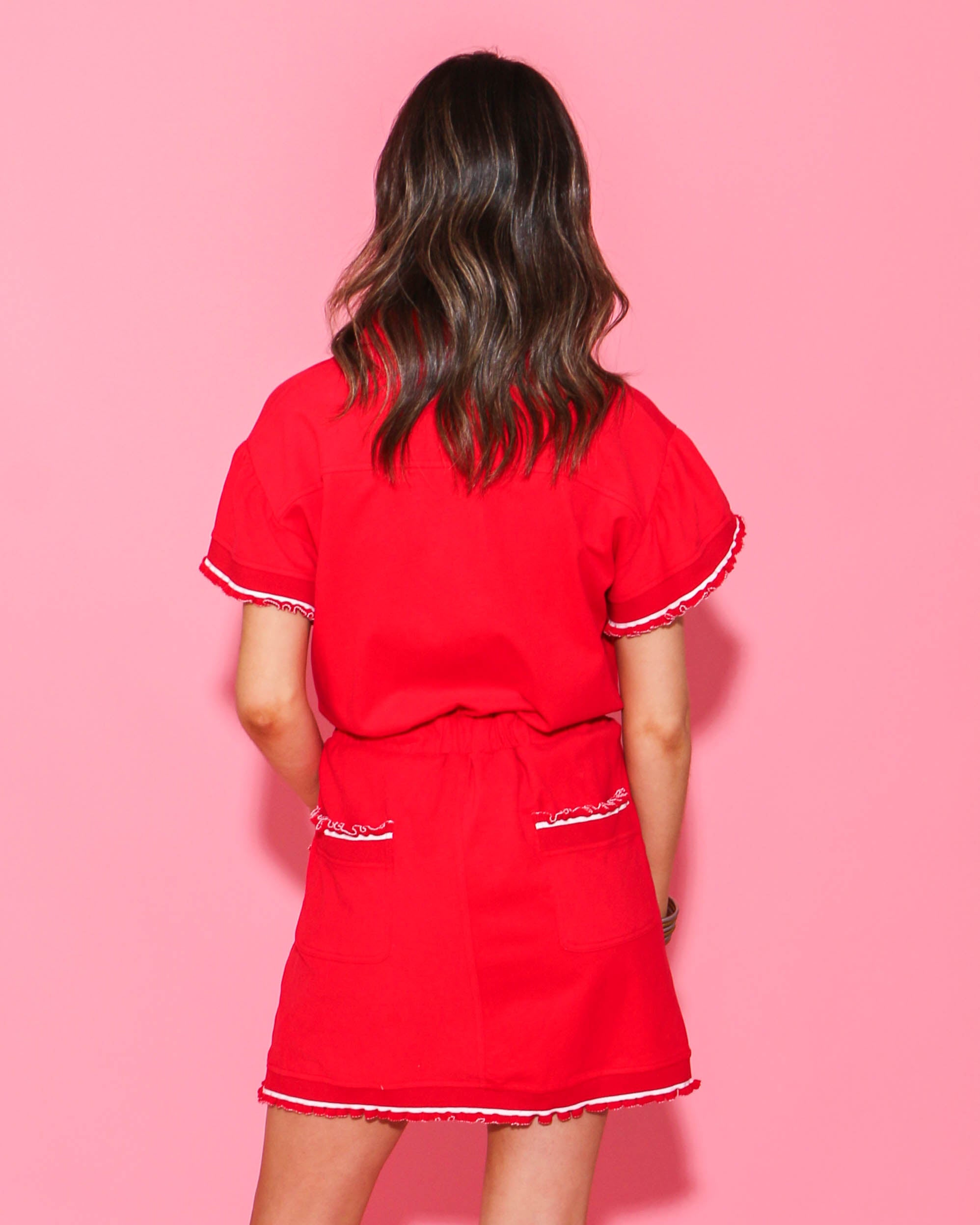 Red Ruffled Detail Button Down Dress