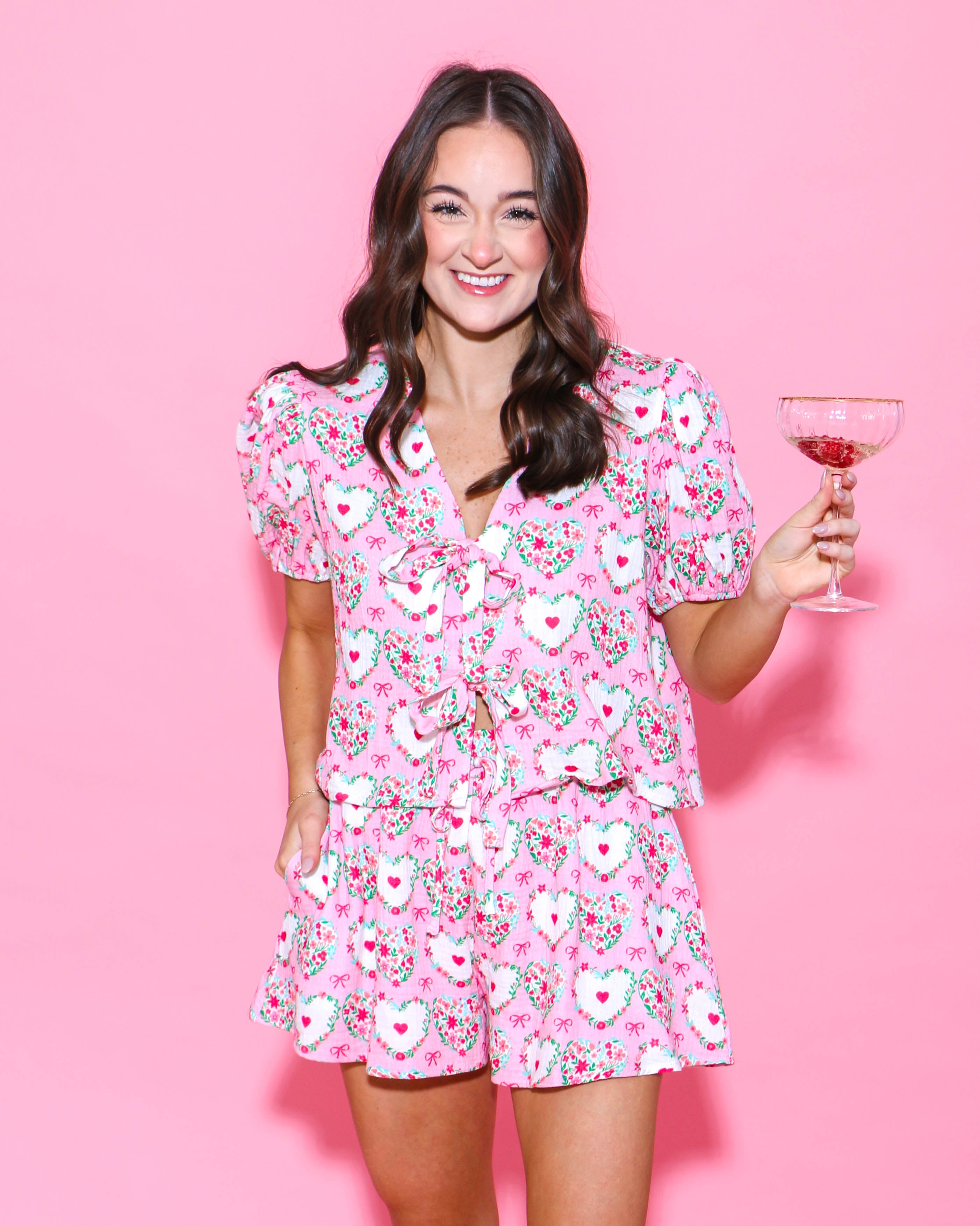Gauze Print Tie Front Puff Sleeve Set