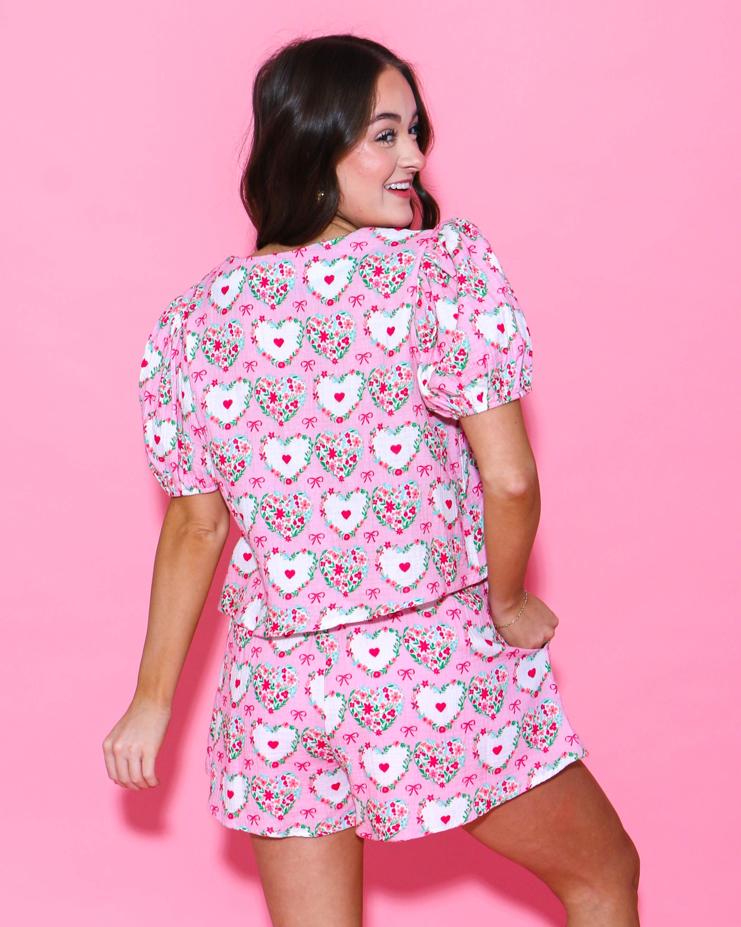 Gauze Print Tie Front Puff Sleeve Set