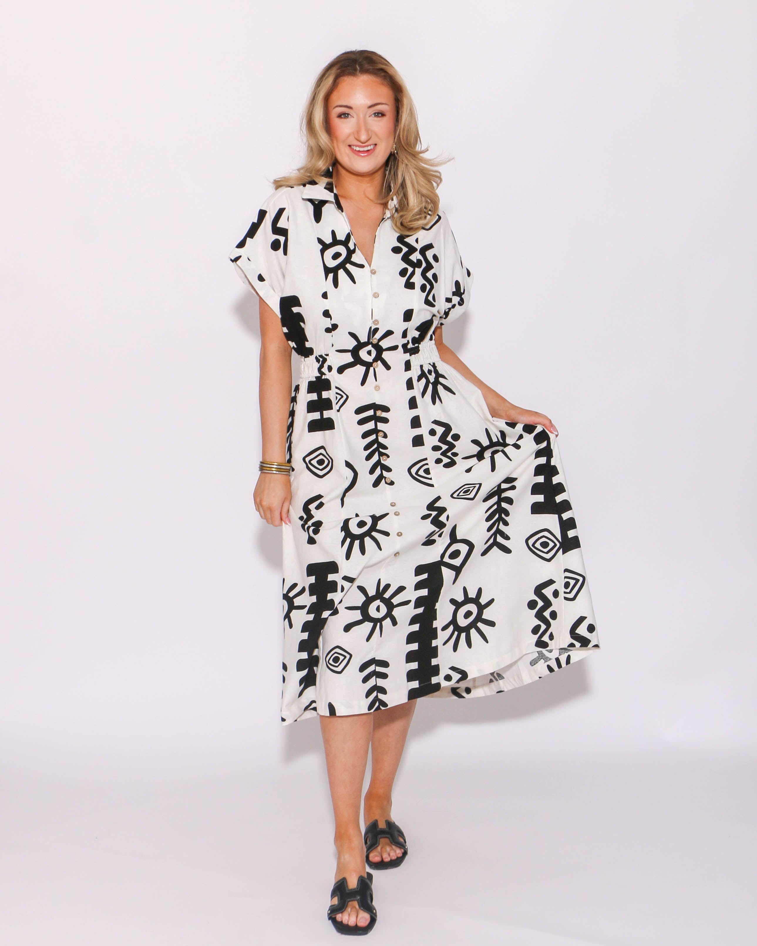 Abstract Button Down Midi Dress