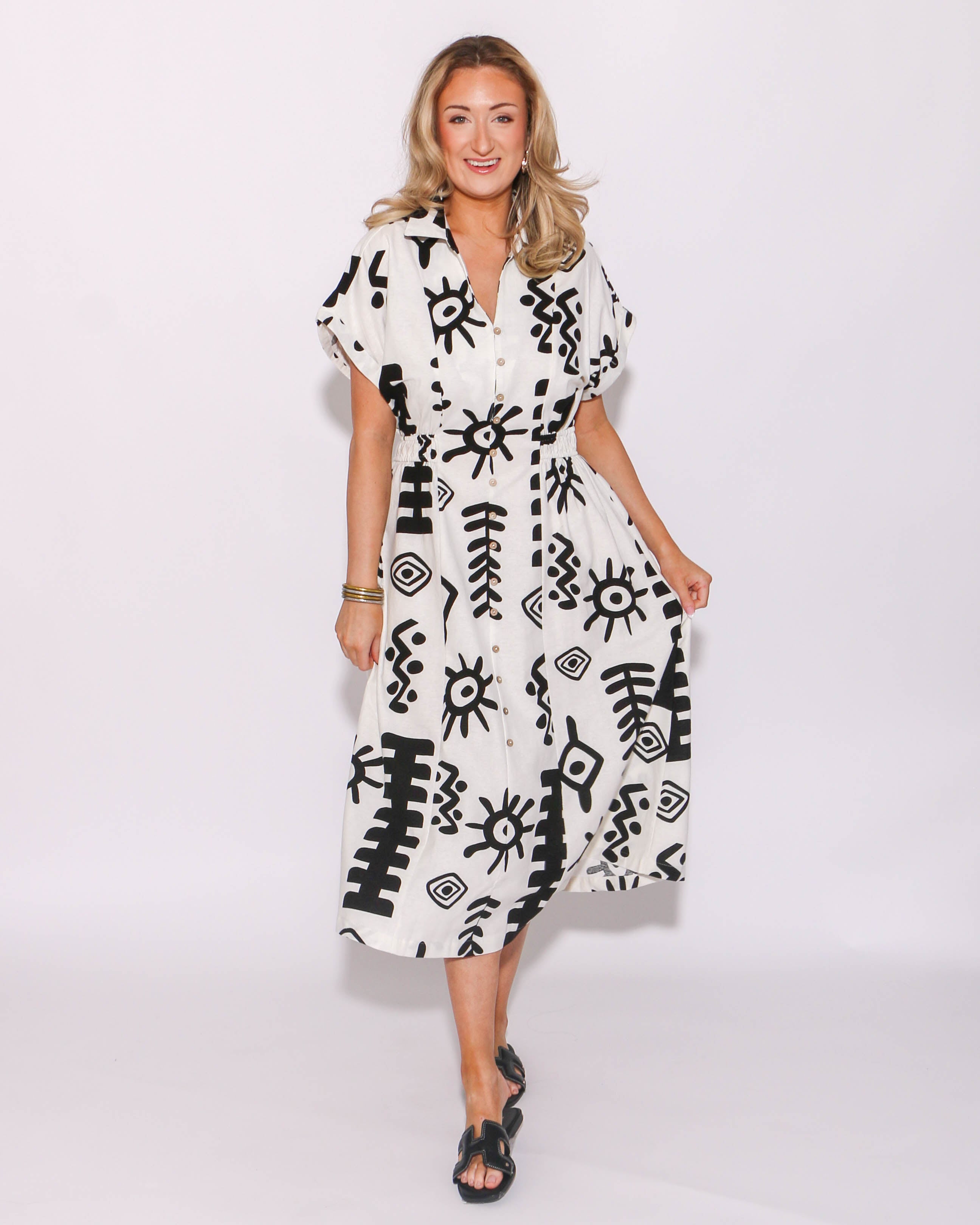 Abstract Button Down Midi Dress
