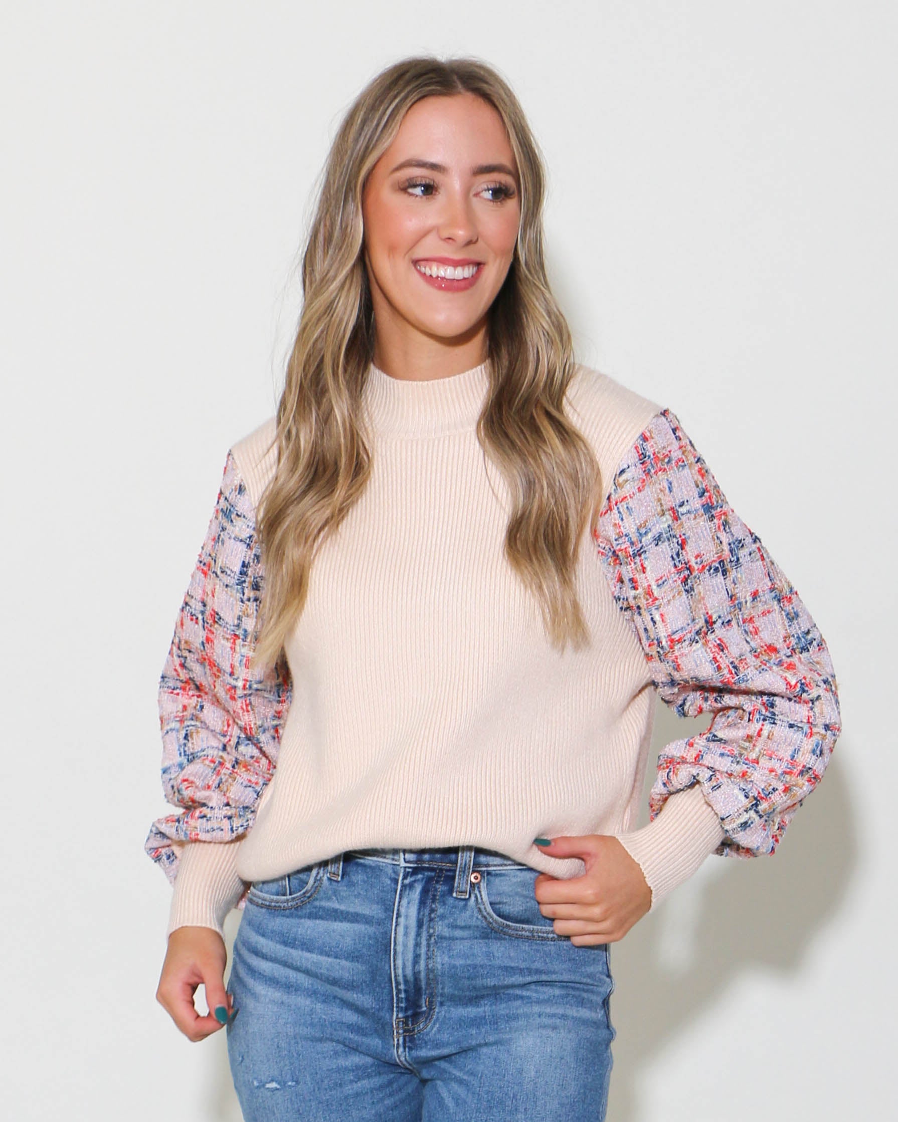 THML | Mixed Media Knit Sweater in Cream